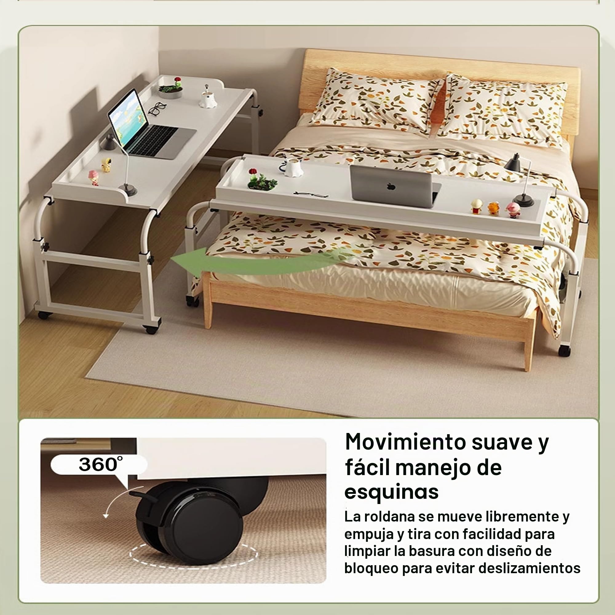 Mesa de cama ajustable con ruedas, 120-210 cm, escritorio móvil blanco sobre la cama con soporte ajustable de 65 cm-95 cm, escritorio móvil para laptop, escritorio para cama, sofá u oficina