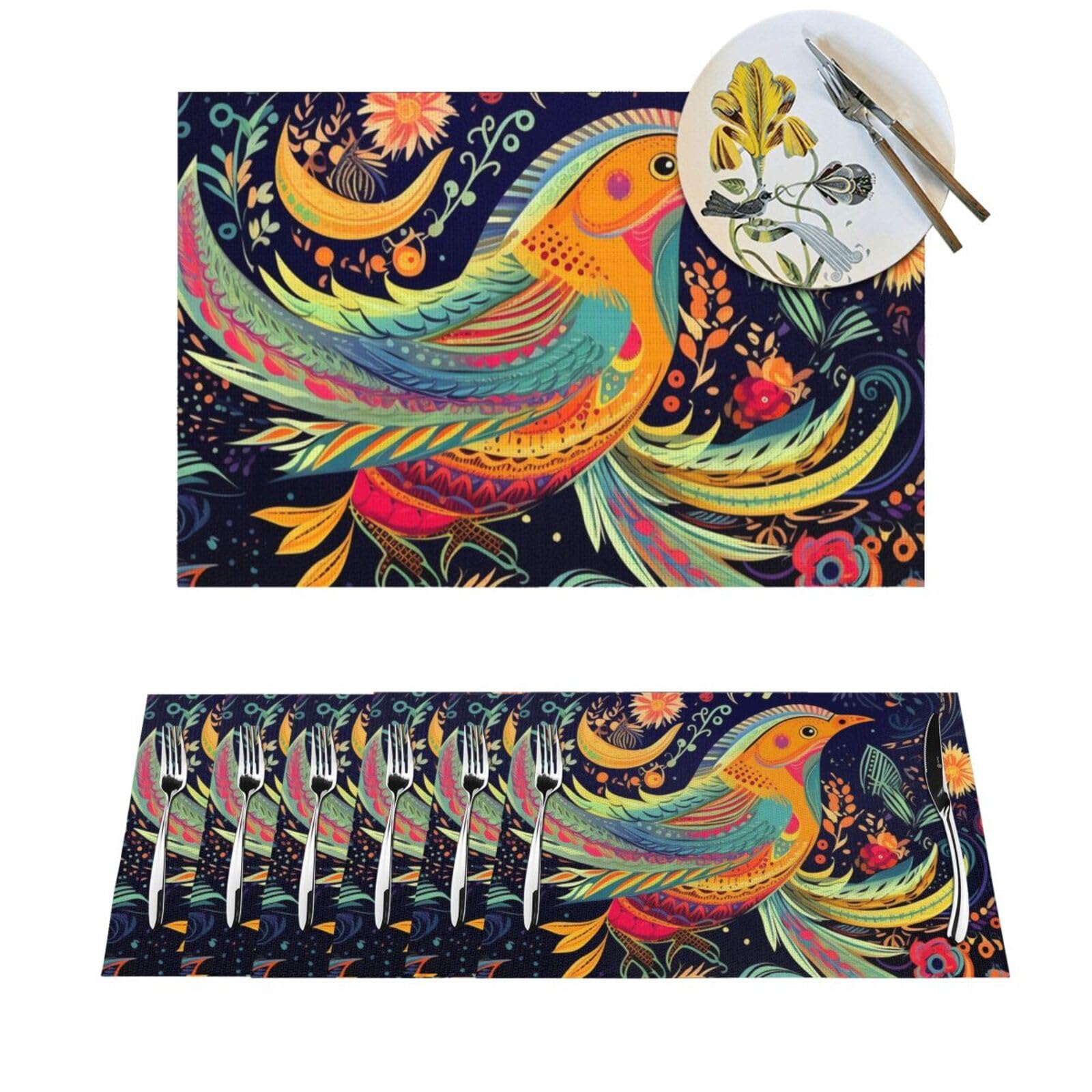 Sets de table tissés en PVC lot de 6 style ethnique oiseaux cuisine