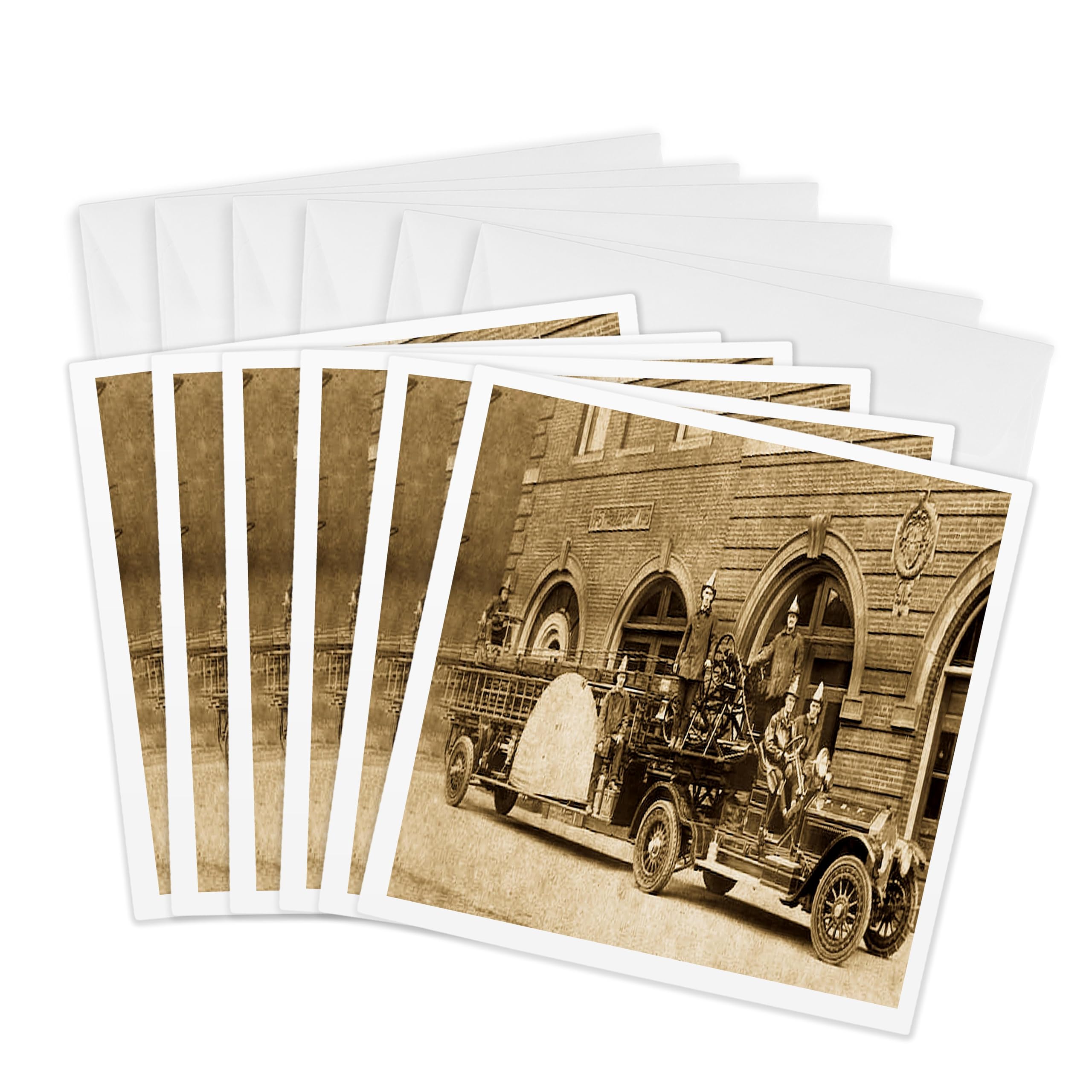 3dRose gc_16203_1 6 x 6-Inch "1920S Hook and Ladder Fire Company Sepia" Greeting Card (Pack of 6)