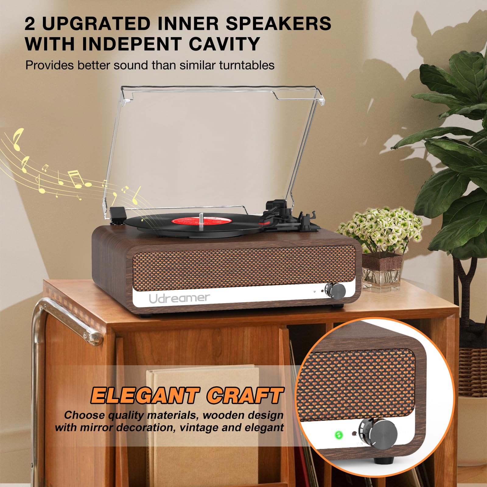 Udreamer Plattenspieler mit Lautsprecher Bluetooth Plattenspieler Vintage Vinyl Player Unterstützt USB AUX-Eingang Kopfhörer RCA Line-Out 3 Geschwindigkeiten Riemenantrieb Spiegeldesign Nussbaum
