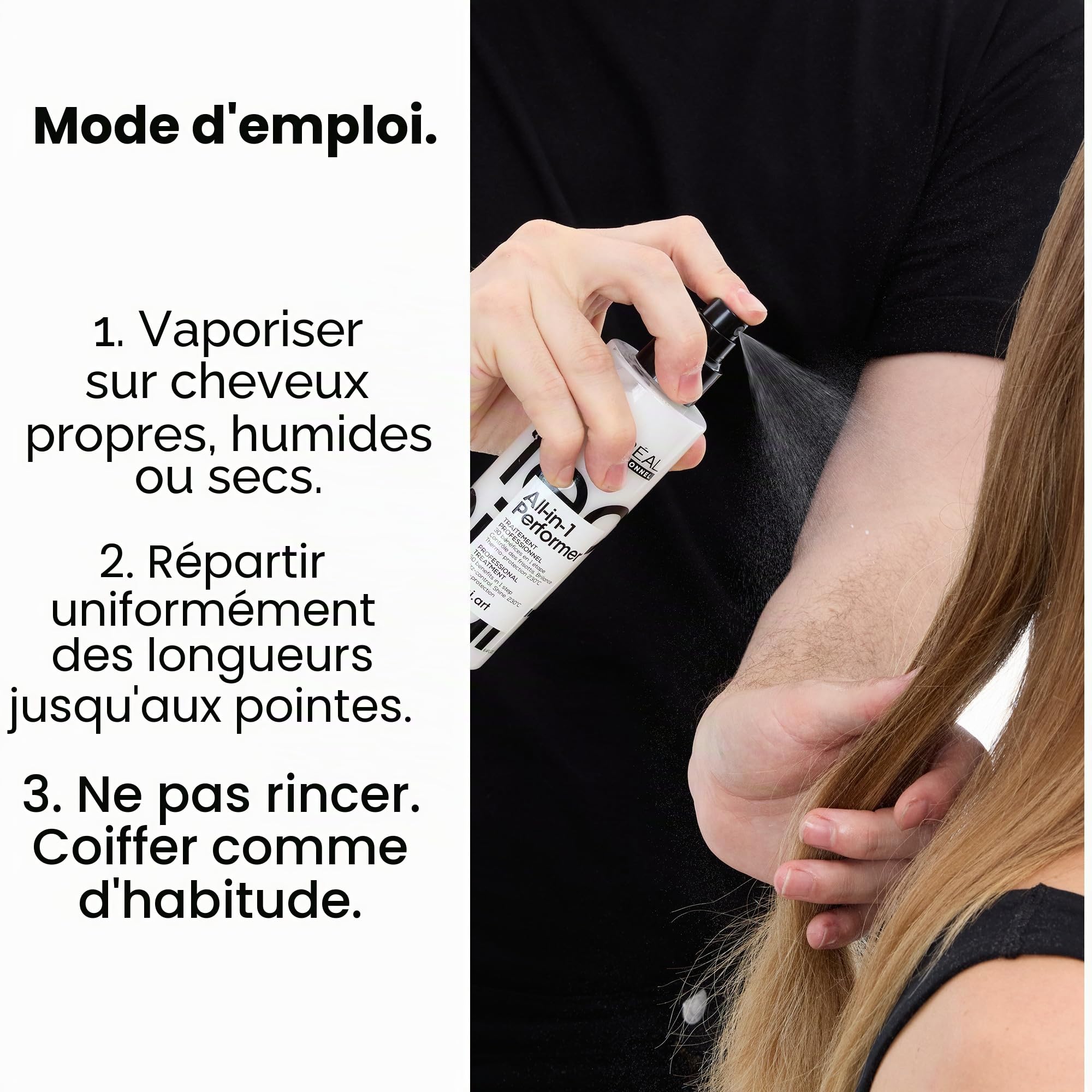L’OREAL PROFESSIONNEL - Spray Coiffant Tenue 24H - Homme & Femme - Soin Sans Rinçage Multi-Bénéfices - Thermoprotecteur - Anti Frisottis - Cheveux Brillants - Tecni Art All-In-1 Performer - 190 ml