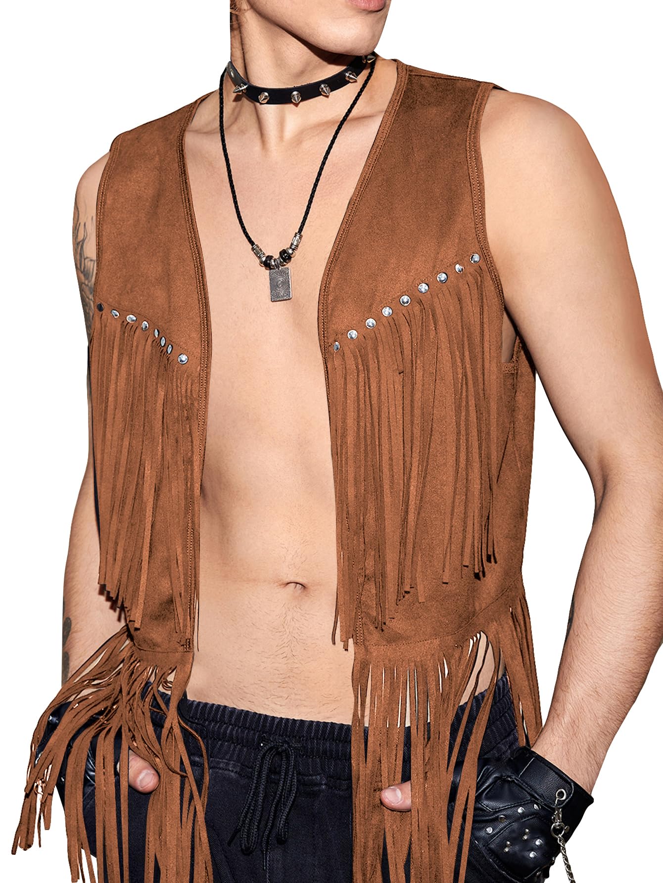 Verdusa Men's Sleeveless V Neck Studded Detail Fringe Trim Open Front Vest Jacket