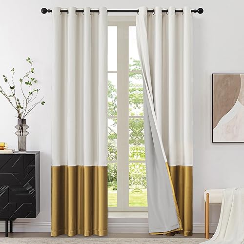 BULBUL Cream 100% Full Blackout Velvet Curtains,84 inches Long Ivory Gold Modern Liner Curtains Thermal Drapes Panels for Living Room Bedroom