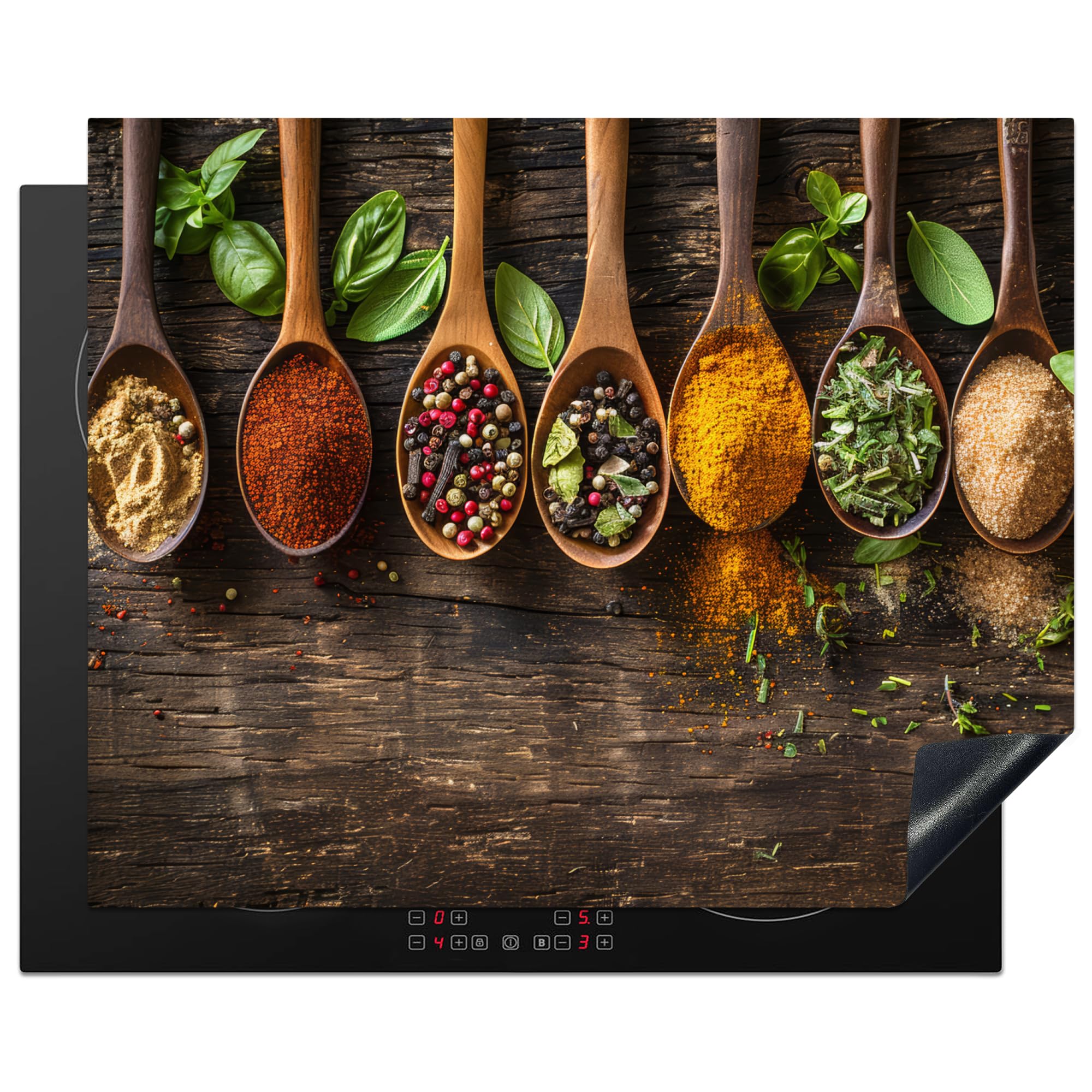 KitchenYeah© Induction Hob Protector Mat 20.5"x25.6" / 65x52 cm Stove Cap Top Cover Kitchen Cooker Covers for Electric Hobs Vinyl Herbs - Spices - Spoon - Leaves - Wood Print - Still Life — image 1