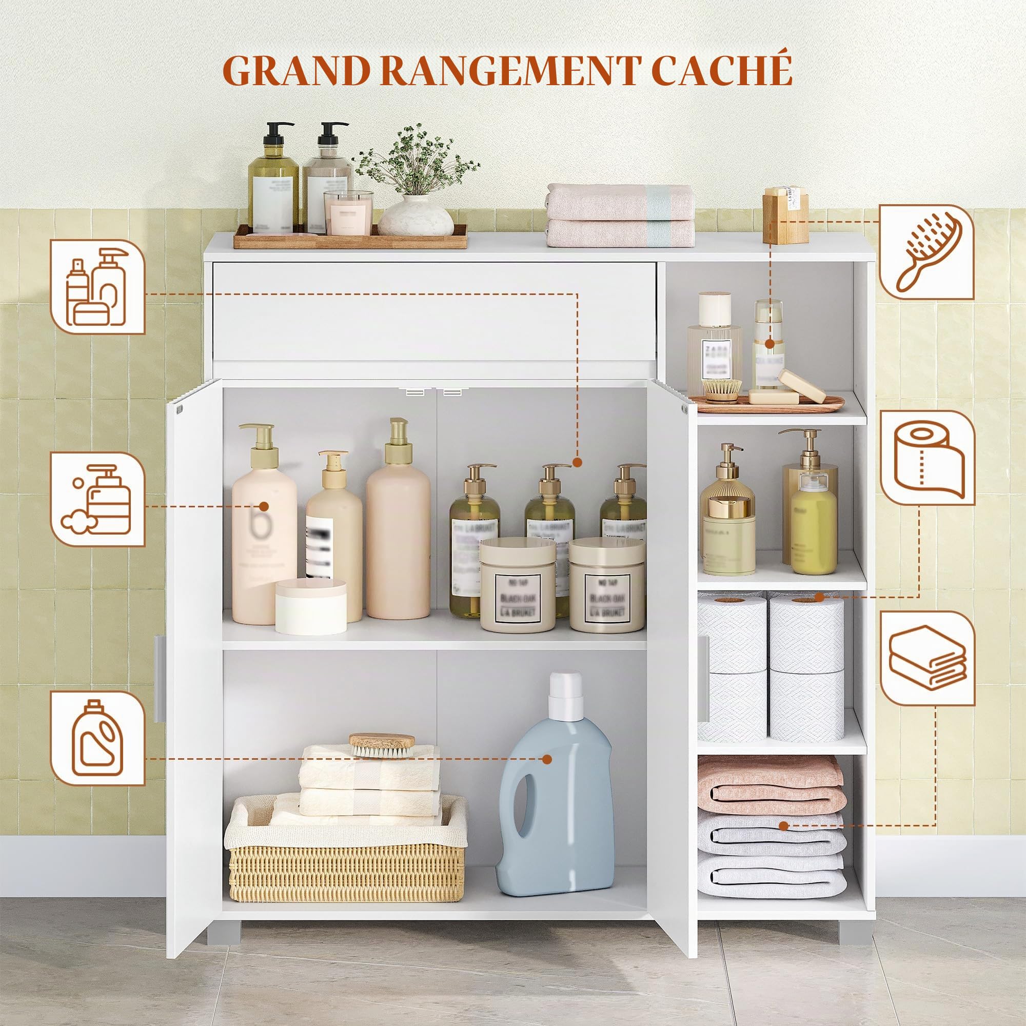HEXCELEN Meuble de Salle de Bain, Meuble de Rangement, 100 x 103 x 30 cm, Armoire Salle De Bain avec 2 Portes, Compartiment Ouvert, 1 Tiroir, Étagères Réglables, Blanc
