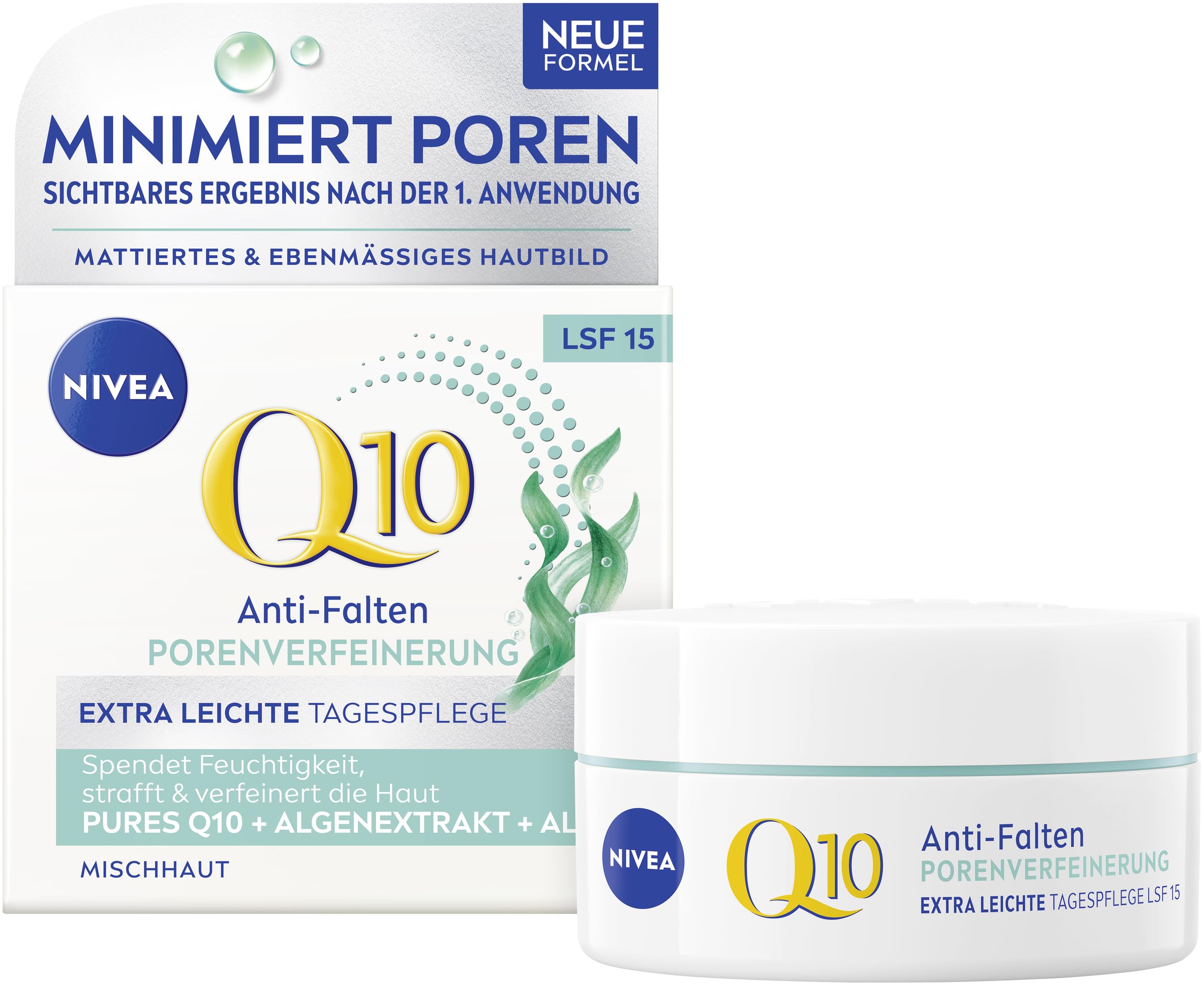 NIVEA Q10 Anti-Falten PORENVERFEINERUNG Extra Leichte Tagespflege, straffende Tagescreme mit LSF 15, Gesichtspflege für Mischhaut mit Q10, Algenextrakt und Aloe (50 ml)
