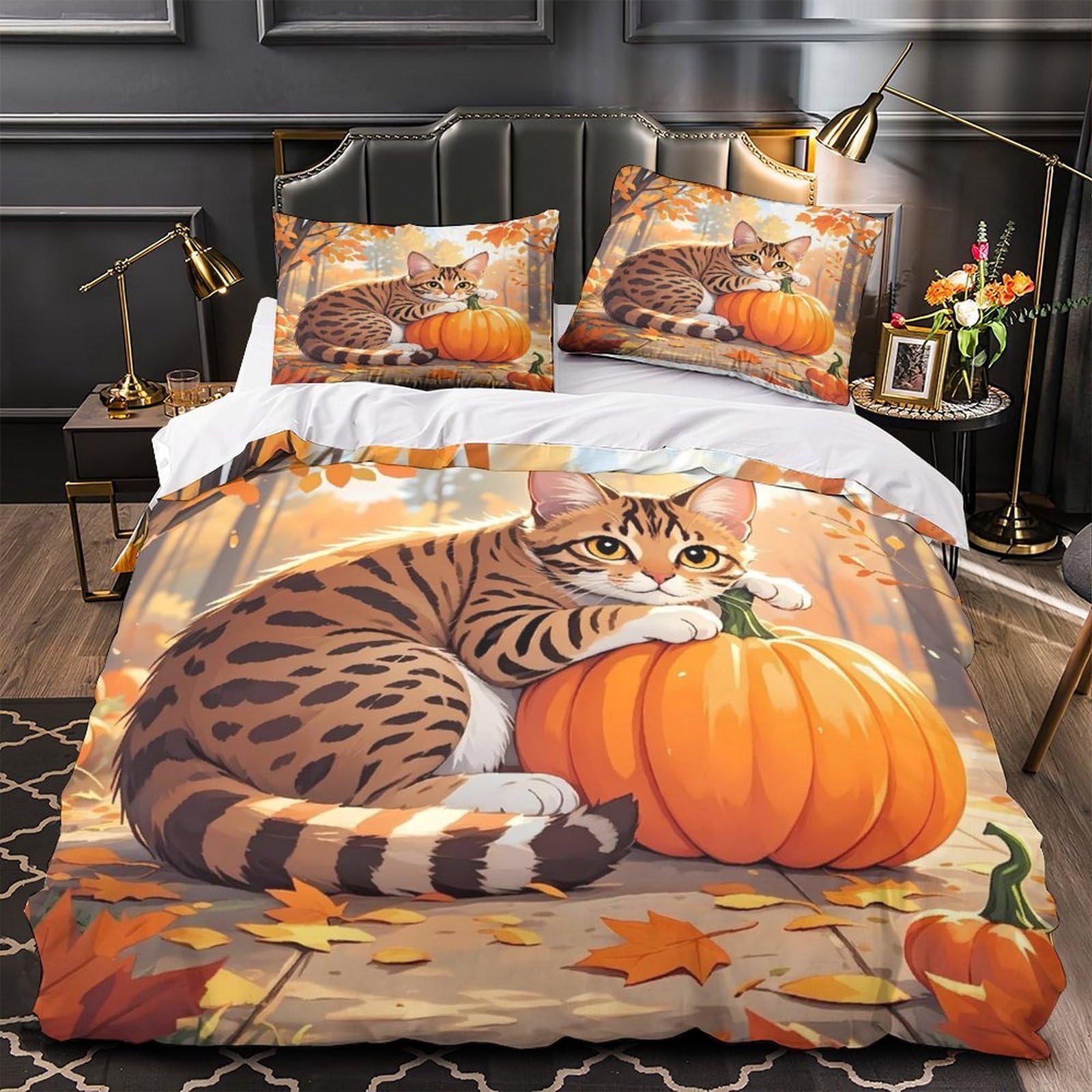 Housse de Couette Chat d'Automne 140x200 Parure Lit Microfibre
