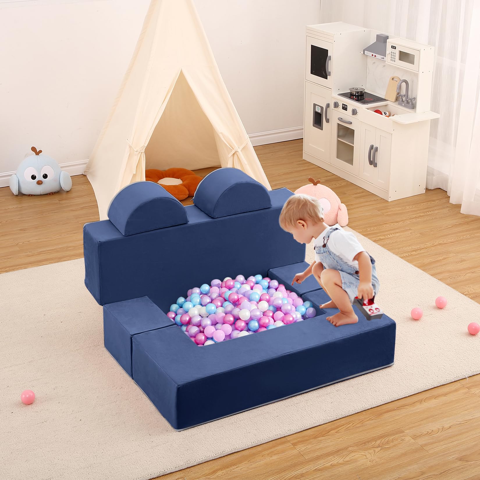 Sofá Modular para Niños de 6 Piezas, con Piezas Semicirculares para Montaje, Azul, para Habitación Infantil, Sala de Juegos y Dormitorio, 100 x 40 cm