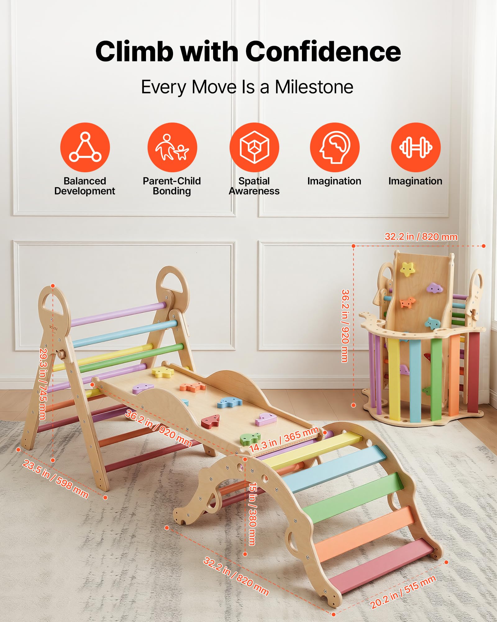 VEVOR Set Triangolo Pikler Struttura Arrampicata 9 in 1 per Bambini Piccoli, Portata 68 kg uso Interno, con Xilofono Cuscino Triangolo Arco e Rampa, Set Montessori Pieghevole per Crescita Equilibrio