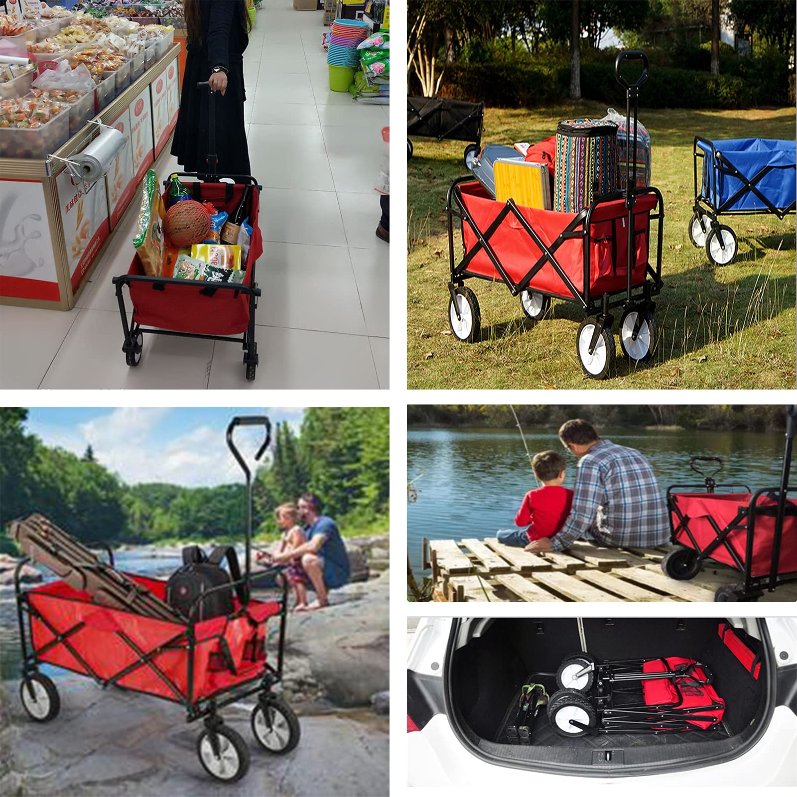 Beach Wagon Heavy Duty Cart, Portable Garden Cart 4 Wheel Festival Trolley with Side Bag Cup Holder Camping Wagon for Shopping Grocery Sports Equipment Tailgating (Blue) : Patio, Lawn & Garden