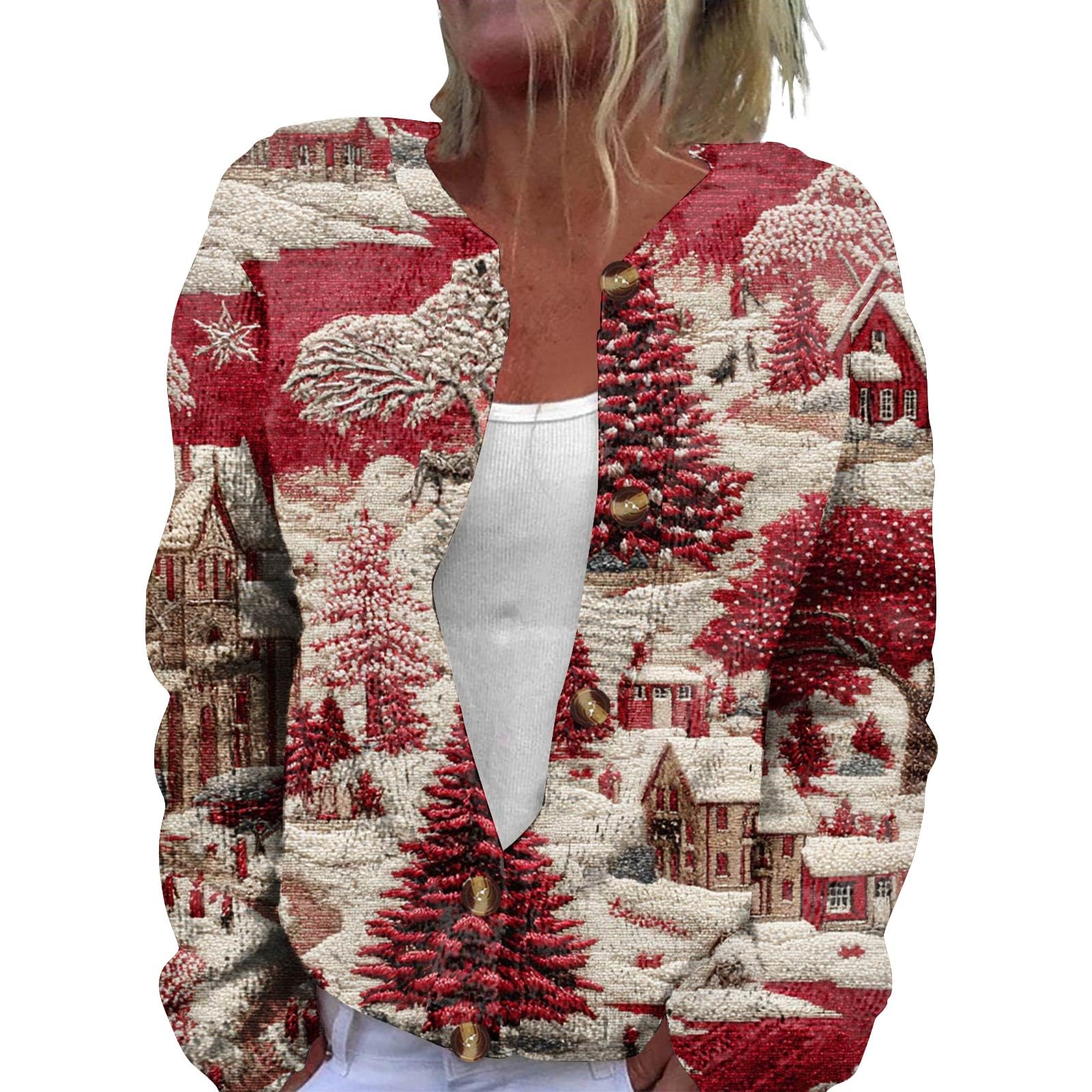 Womens Christmas Cardigan Sweater 2025 Long Sleeve Open Front Button Up Xmas Printed Knitted Outerwear Coat