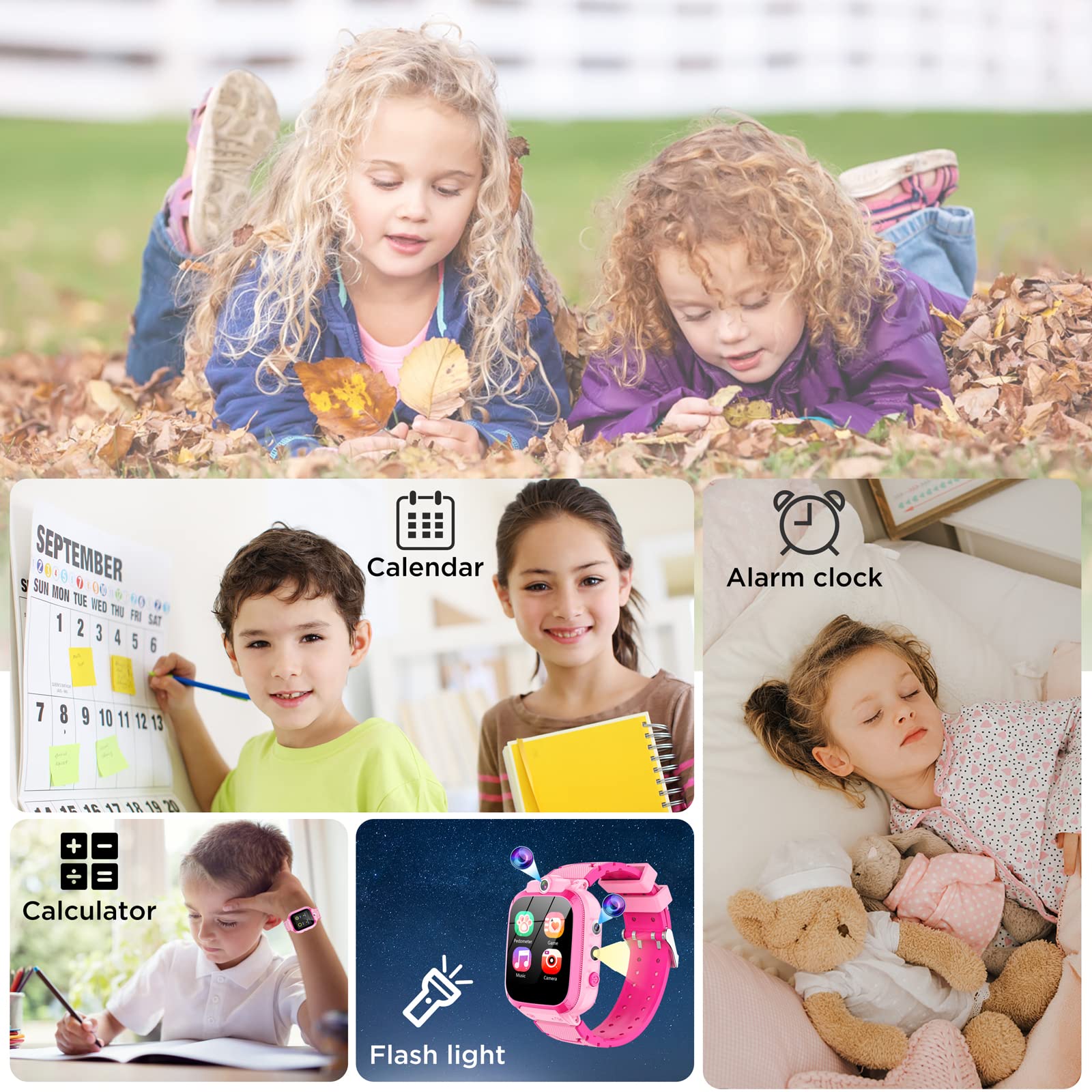 Smartwatch Bambini, 24 Giochi, Contapassi Calorico, Lettore Musicale, Orologio Smartwatch Bambini con 2 Fotocameras,Torcia Sveglia, 2-13 anni Bambino Festiva Regalo[Scheda SD integrata]