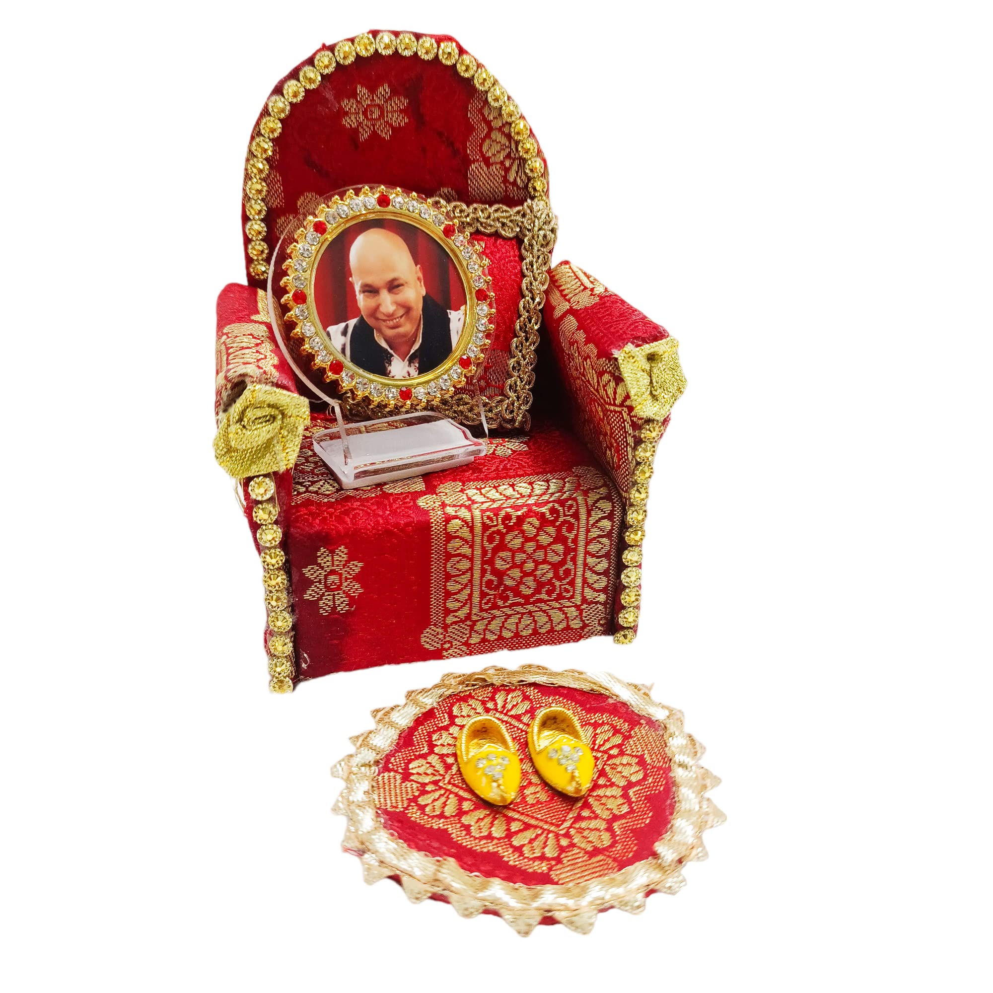 Gac Handcrafted Jai Guru Ji Singhasan Darbar With Guruji Swaroop, Metal Jutti Pair And Mat - Exclusive Handcrafted Set For Gifting To Sangat Or House Temple (Red) - 6 Cm