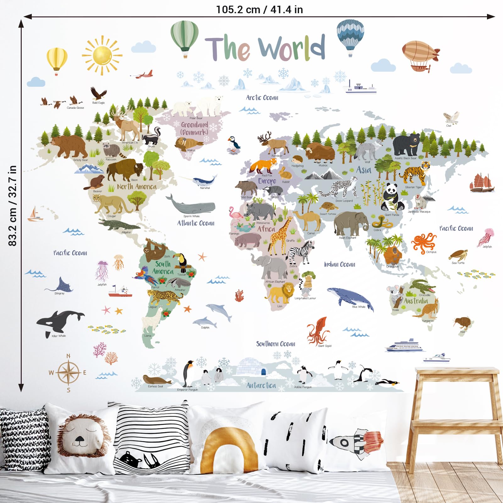 DECOWALL Naklejki ścienne Mapa świata Boho ze zwierzętami - naklejka ścienna edukacyjna do pokoju dziecięcego, przedszkola i pokoju zabaw (105 × 83 cm) (SG2-2516)