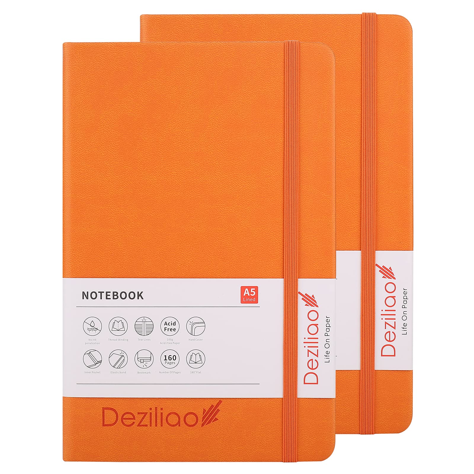 Deziliao 2 Pack Hardcover Notebook Journal 160 Pages, Lined Journal Notebooks for Work, 100Gsm Premium Thick Paper with Pocket, Medium 5.7"x8.4" （Orange, Ruled）