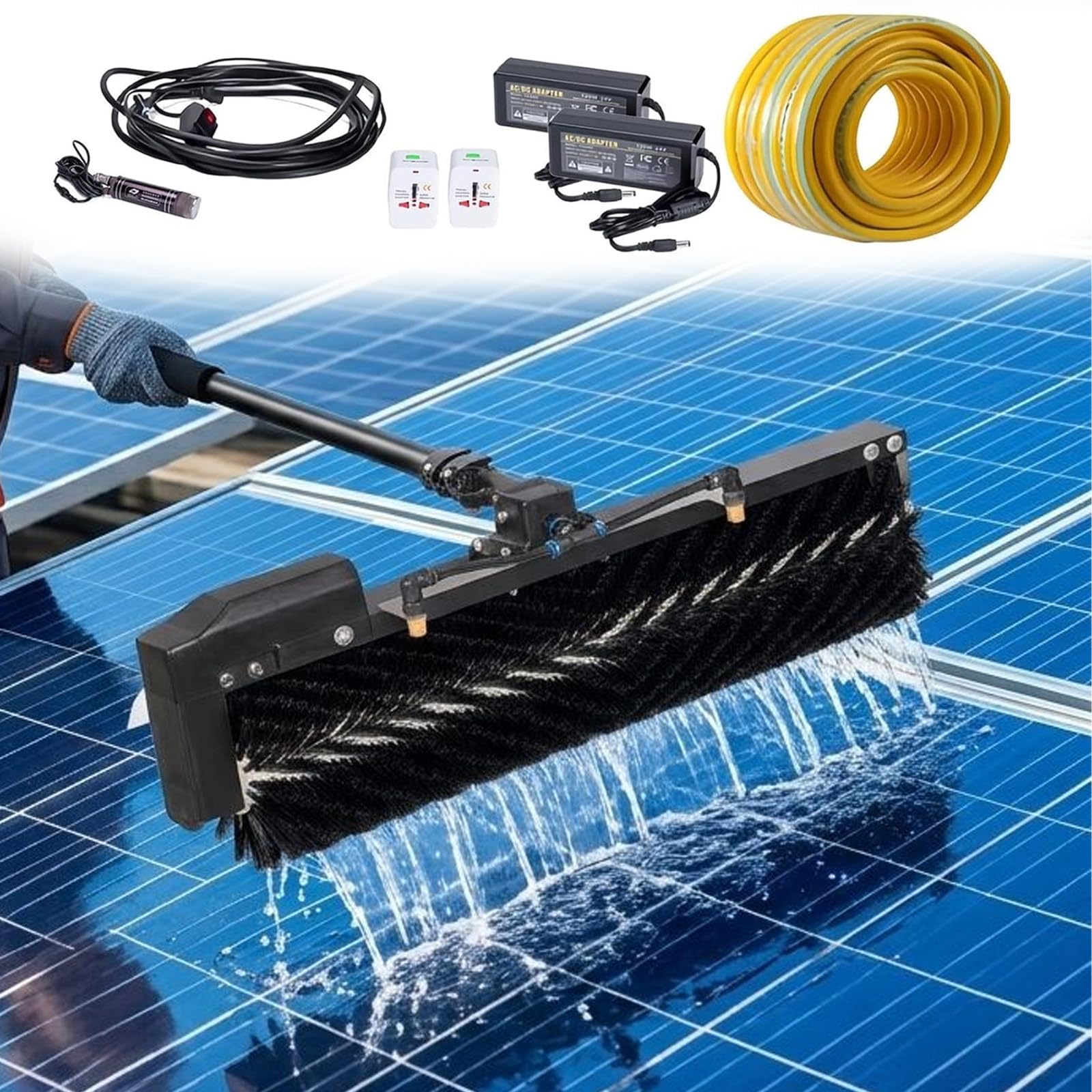 RUODATONLY 110-240V Solar Panel Cleaning Tools, 60cm Roller Brush Head, Solar Photovoltaic Panel Cleaning Machine, Water Fed Pole Cleaning Kit,for Window Glass Solar Panel 5.5m/18ft