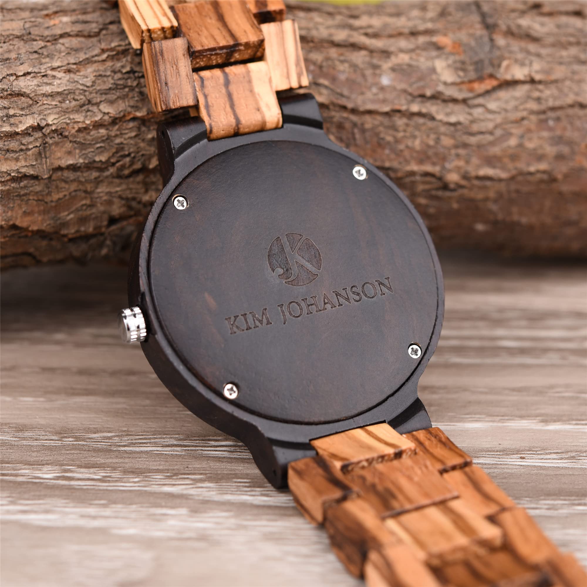 Kim Johanson Herren Holz-Edelstahl Armbanduhr *Light Week* mit Datum- & Tagesanzeige Handgefertigt Quarz Analog Uhr Vegan inkl. Geschenkbox