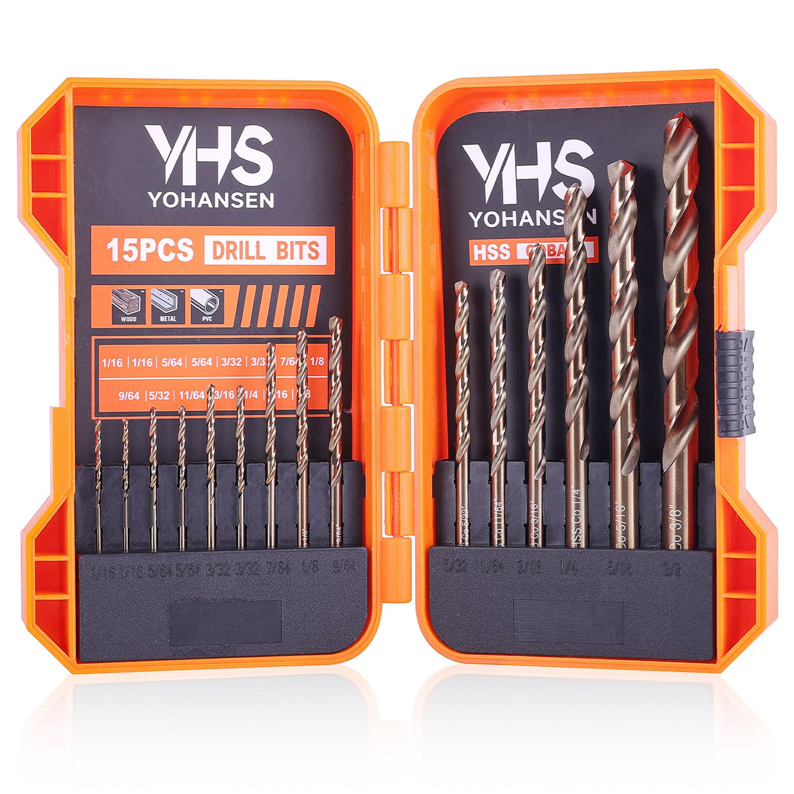 YOHANSEN 15Pcs Cobalt Drill Bit Set (1/16"-3/8"), M35 High Speed Steel, Twist Jobber Length for Hardened Metal, Stainless Steel, Cast Iron, Wood, and