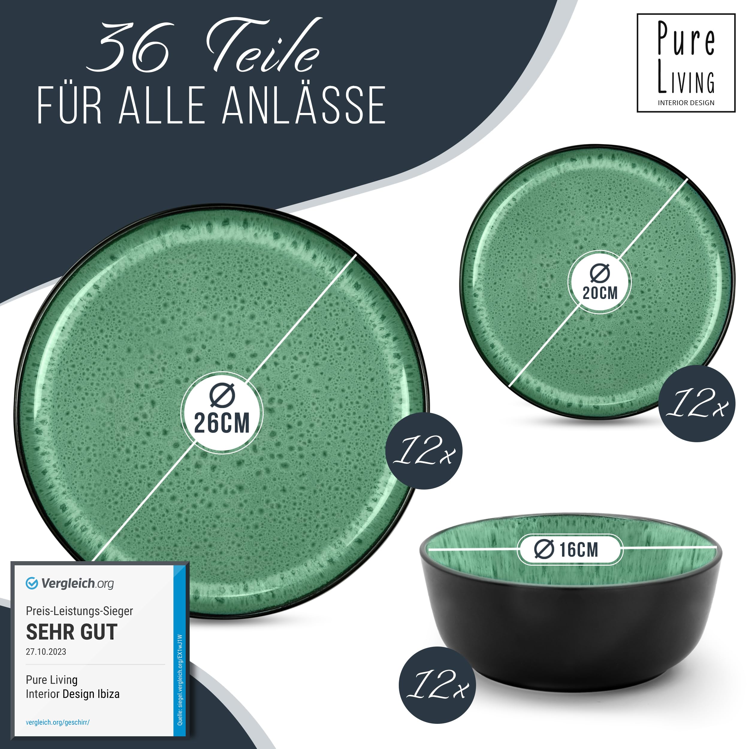 Stoneware dinnerware set for 12 persons 36-pcs. Dishwasher and microwave safe dinnerware set - modern dinnerware set - dinner service by Pure Living black in sage green