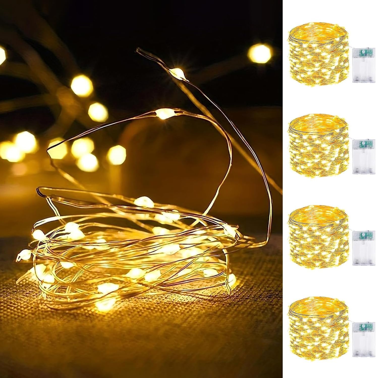 4-Pack Fairy Lights Battery Operated with Timer, Waterproof 16FT 50 LED String Lights Outdoor Indoor, Cuttable Twinkle Lights for Christmas Home Bedroom Wedding DIY Centerpiece Birthday (Warm White) 4-Pack Fairy Lights Battery Operated with Timer, Waterproof 16FT 50 LED String Lights Outdoor Indoor, Cuttable Twinkle Lights for Christmas Home Bedroom Wedding DIY Centerpiece Birthday (Warm White)