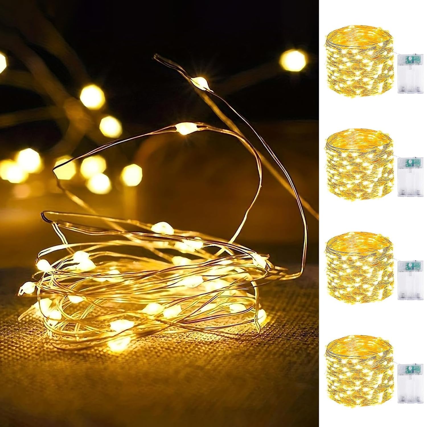 Set of 4 Battery-Powered Fairy Lights with Timer - 16FT Waterproof 50 LED String Lights for Indoor and Outdoor Use, Customizable Starry Lighting for Home, Bedroom, Classroom,...