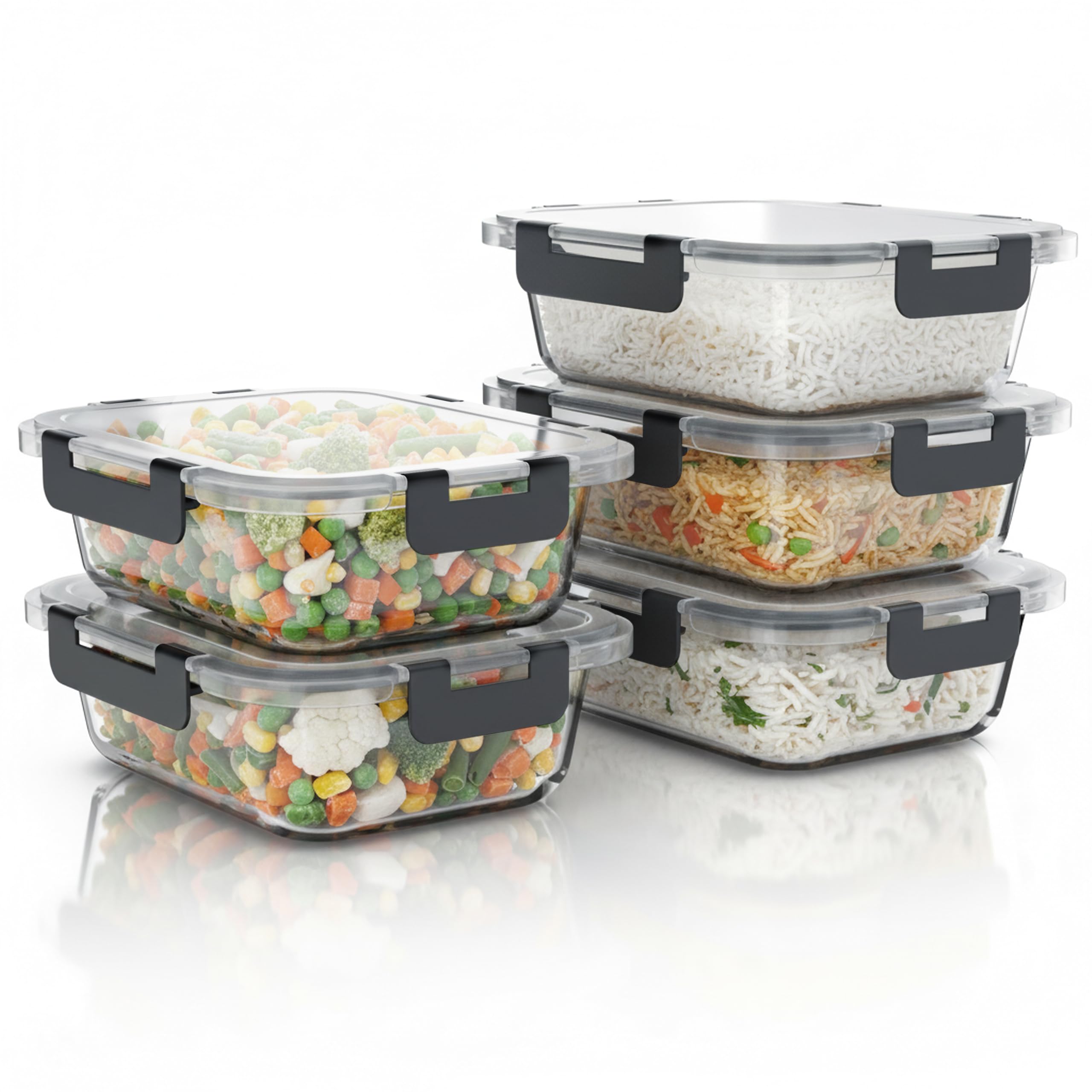 Arendo - Lunchboxen Glas - Frischhaltedosen für Lebensmittel mit Deckel luftdicht - 5er Set - 1000 ml - für Mikrowelle Ofen Gefrierschrank - Spülmaschinen geeignet - Vorratsdosen Meal Prep