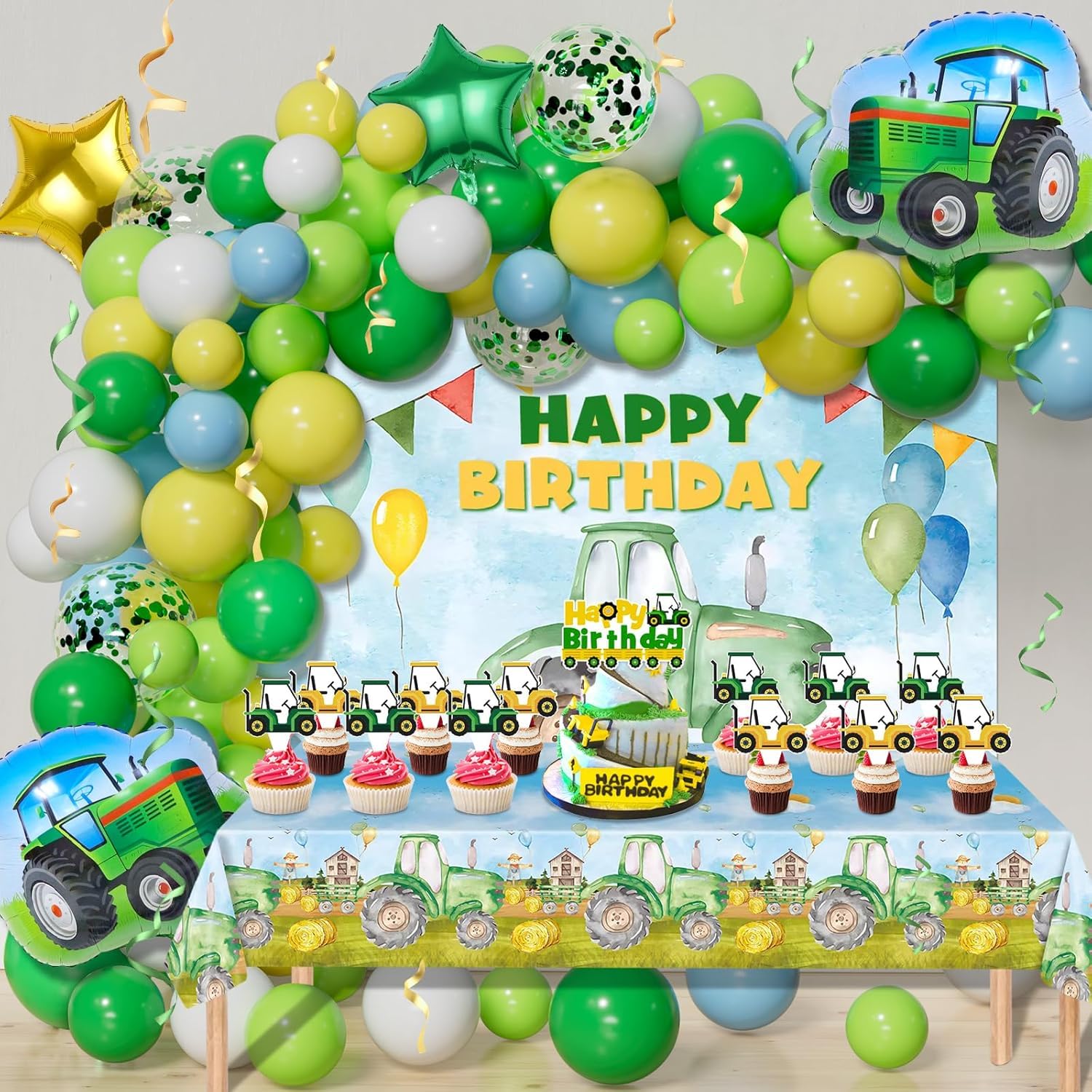 Tractor Birthday Decorations Supplies,Tractor Farm Themed Party Supplies Kit Include -Tractor Balloons Arch Garland Kit,Tractor Birthday Backdrop,