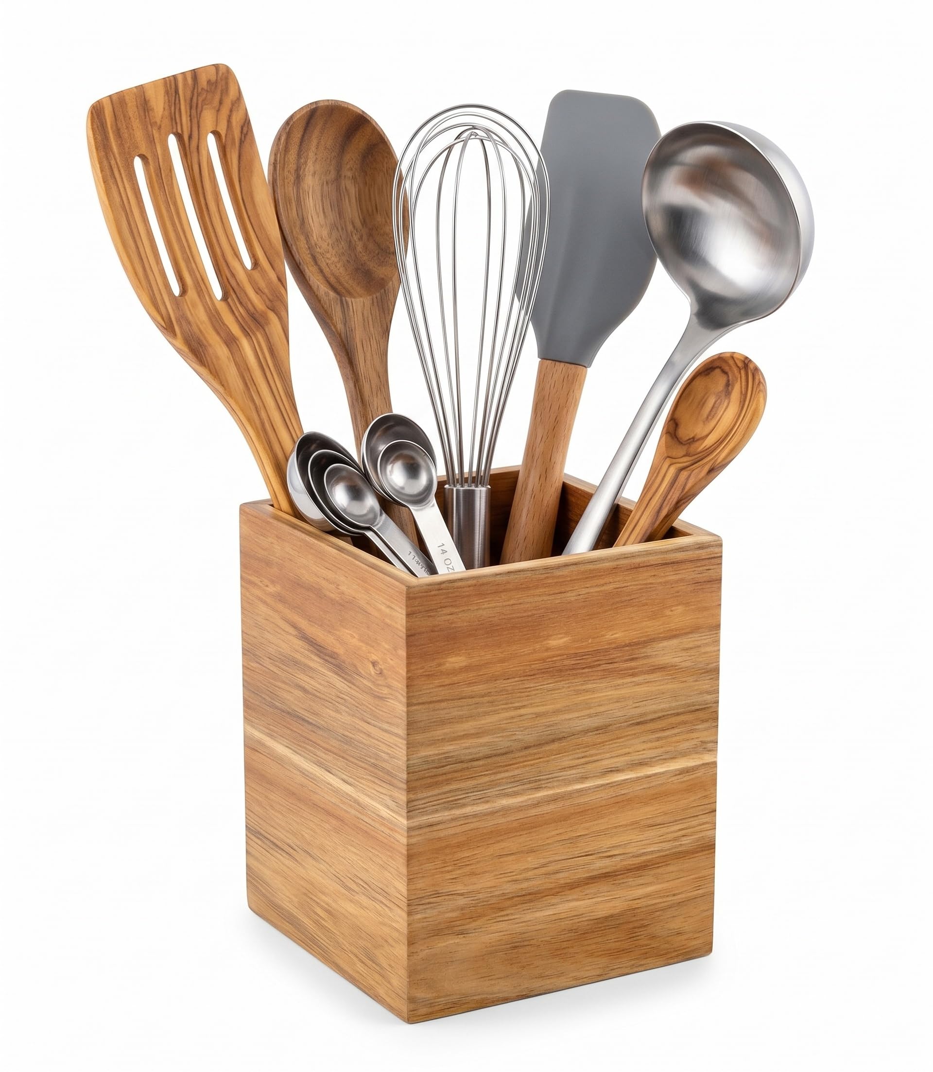 Eitida Acacia Wood Brown Kitchen Utensil Holder - Decorative Kitchenware Organizer Crock Stand - Solid Acacia Wood - Storage For Cutlery, Silverware, Spoons, Spatulas, Cooking Tools - Countertop Caddy - Brown