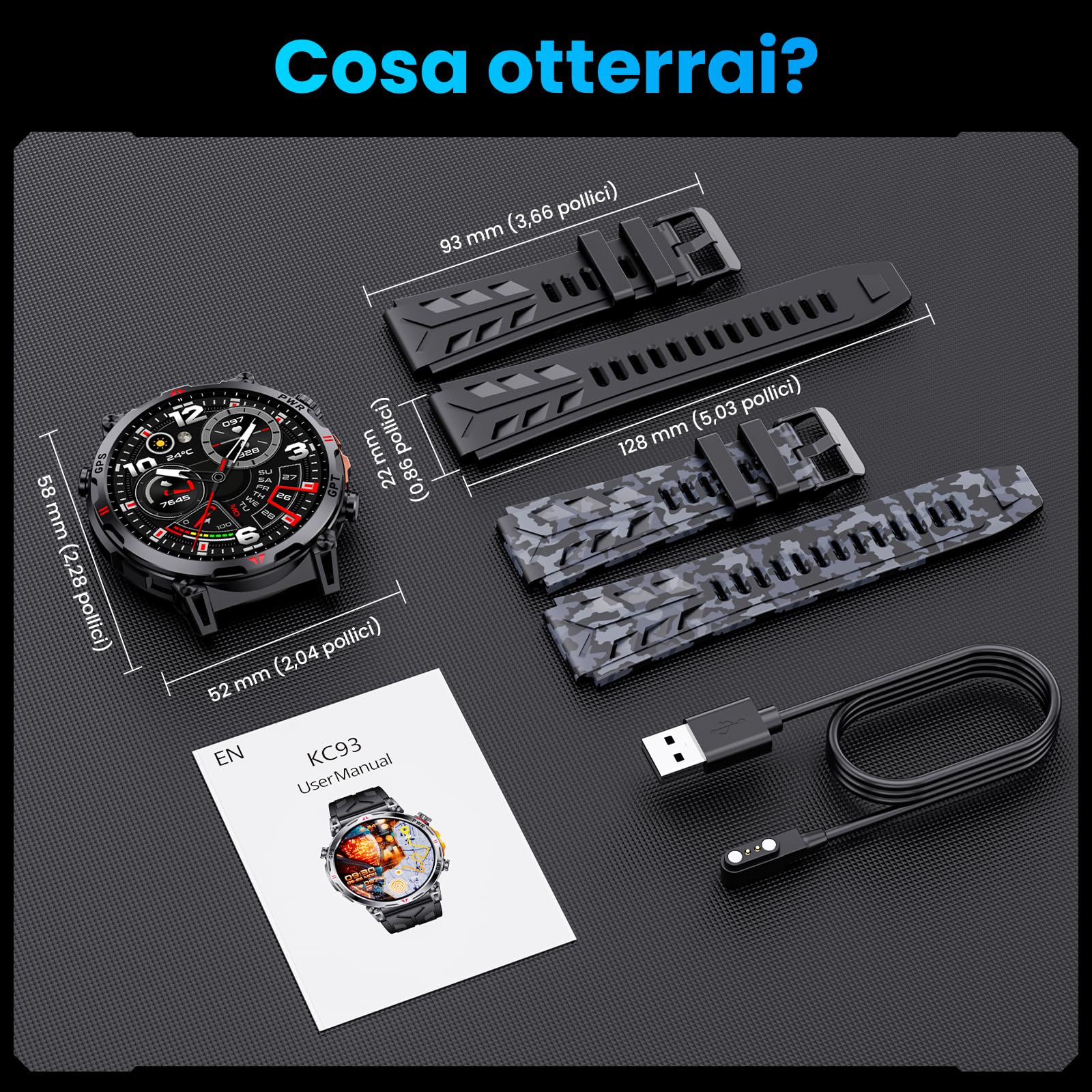 Orologio intelligente militare con GPS, orologio intelligente con assistente vocale GPT/LED Flashlight Compass,a schermo AMOLED da 1,56" Per uomini, compatibile con Android e iOS (Nero)
