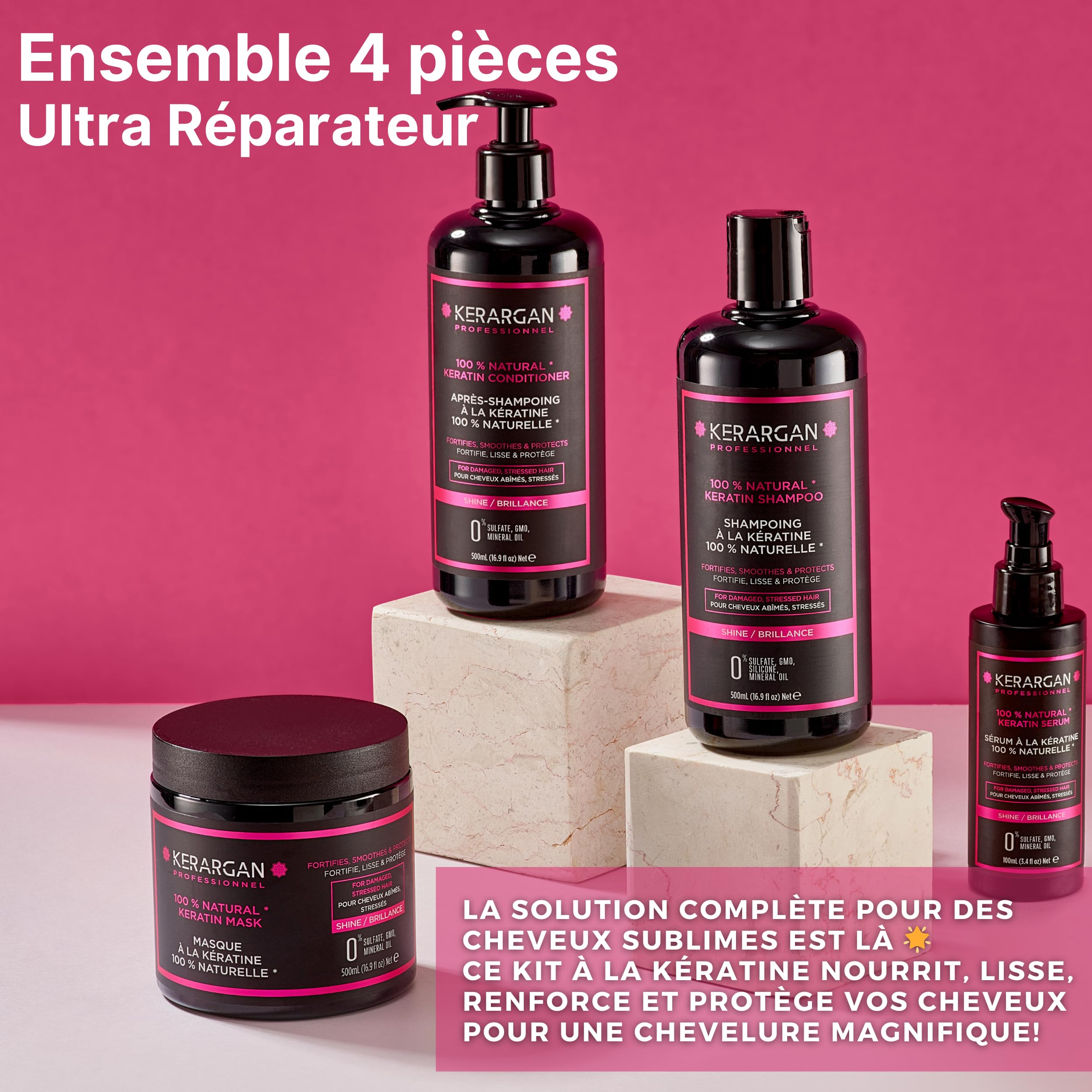 Kerargan - Ensemble Ultra Réparateur Shampoing, Après-shampoing, Masque & Sérum à la Kératine pour Cheveux Abîmés et Stressés - Revitalise & Protège - Sans Sulfate, OGM, Silicone - 3x500 ml + 100 ml