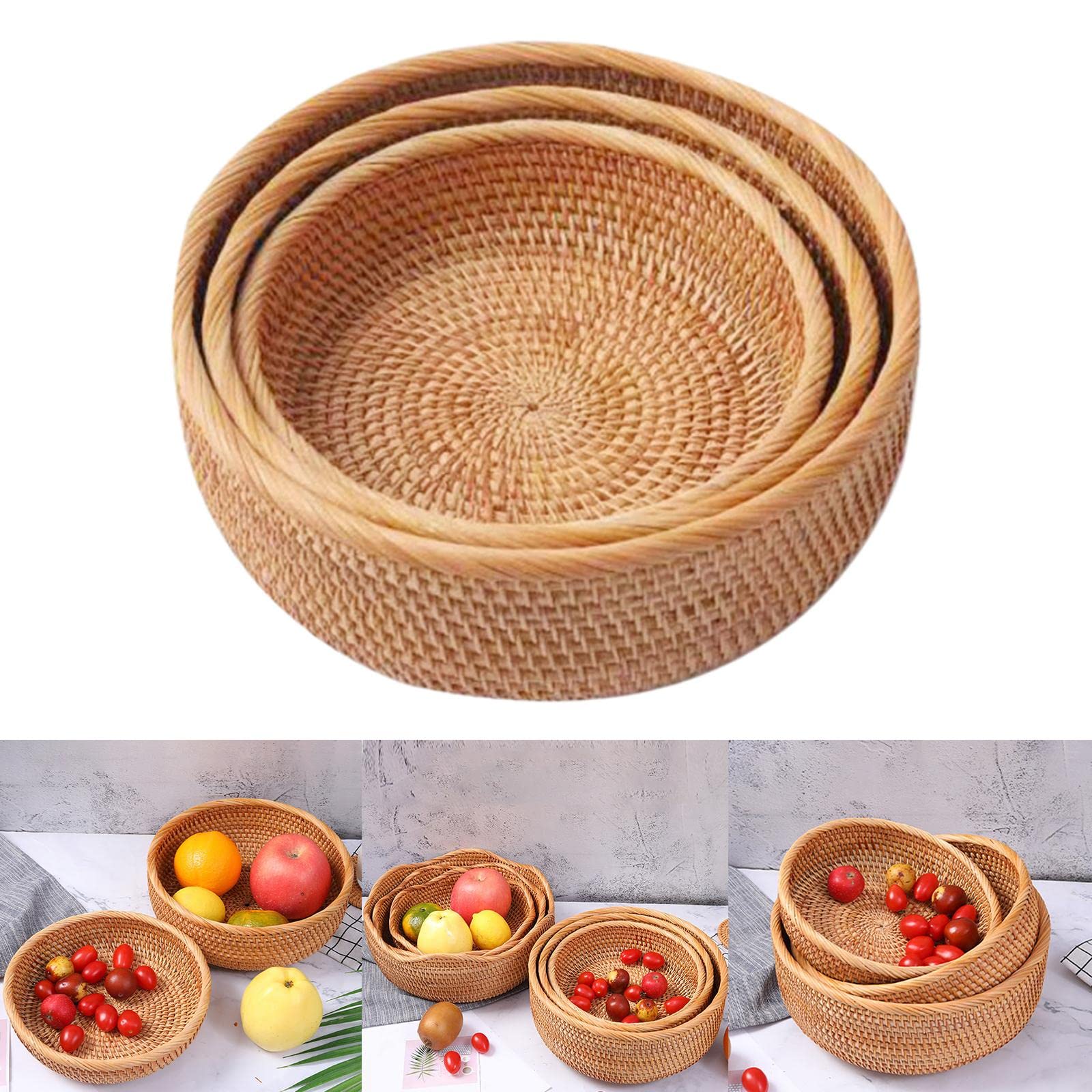 Kukmakri Set Di 4 Cestini In Vimini Intrecciati A Mano, 2x33 Cm E 2x28 Cm, Vassoi Rotondi Per Frutta, Pane, Oggetti, Decorazione Casa Naturale - 2
