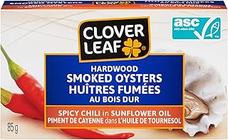 Clover Leaf Smoked Oysters Spicy Chili in Sunflower Oil – 85g, 24 Count - Canned Oysters – High in Protein – 10g of Protein Per 65g Serving Drained – Excellent Source of Iron - Hardwood Smoked