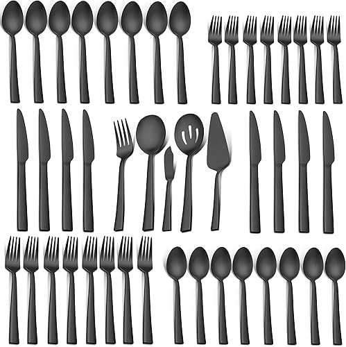 Miniatura 8 de LIANYU Juego de cubiertos de 65 piezas color negro mate con utensilios para servir, juego de cubiertos de acero inoxidable para 12, vajilla cuadrada