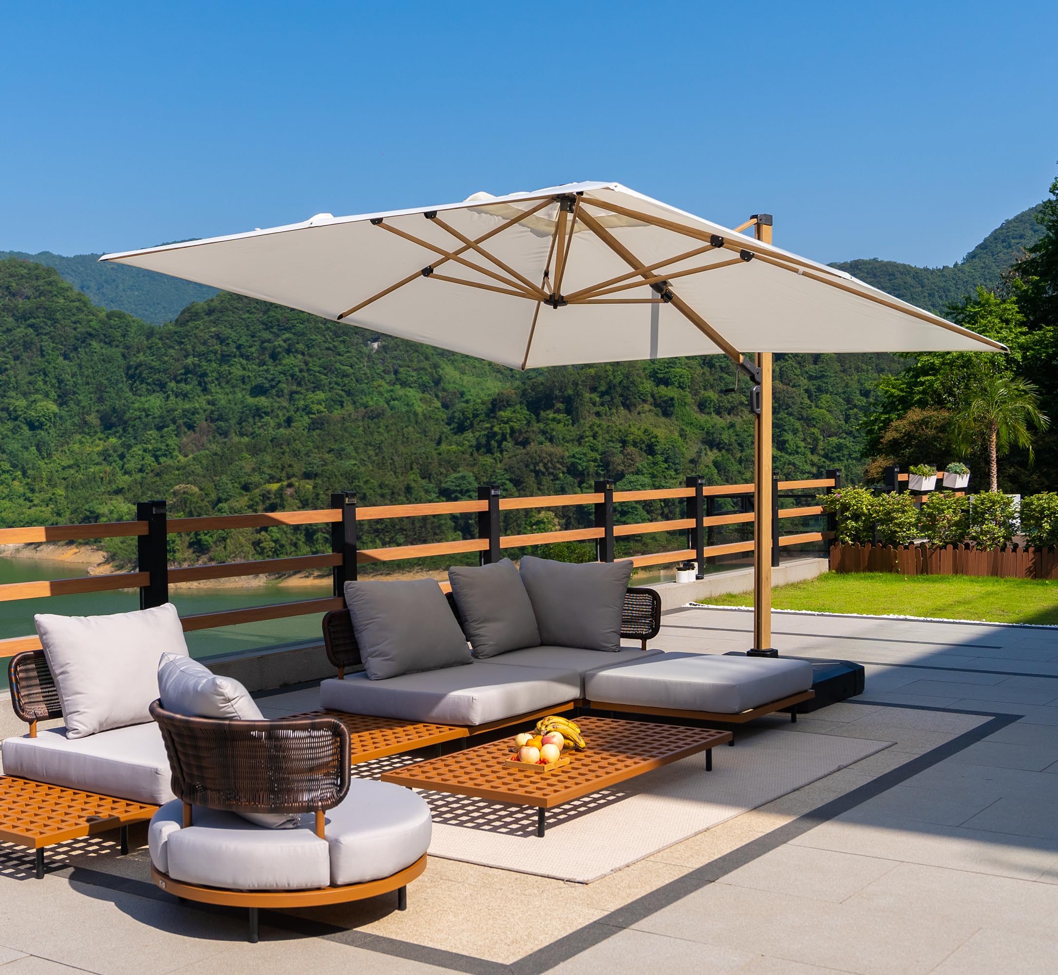 PURPLE LEAF Parasol Déporté 3 x 4 m Rectangulaire avec Pied de Parasol, Grand Parasol De Jardin Extérieur Structure en Aluminium Finition Teck avec 6 Positions D'inclinaison et Rotation à 360°, Crème
