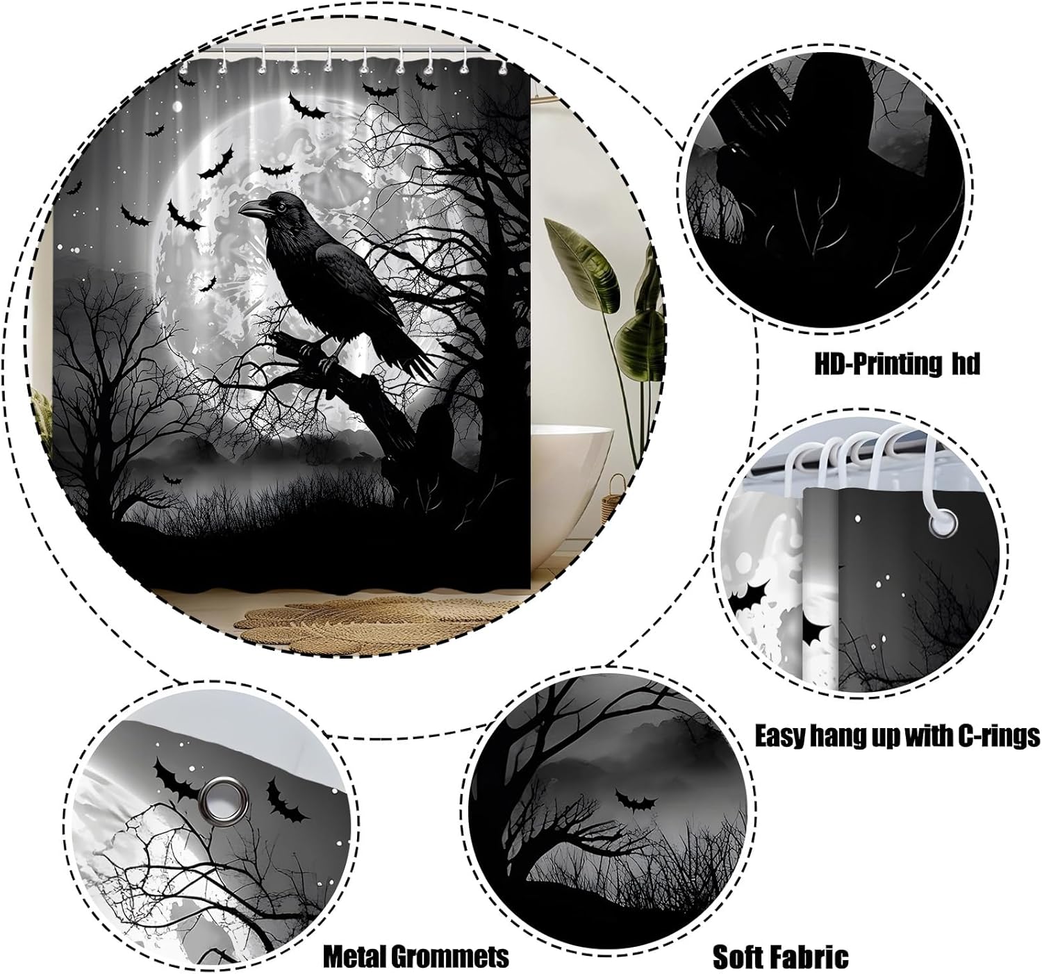 Halloween Shower Curtain Black Crow Bats in Creepy Full Moon Night Gothic Blood Horror Scary Spooky Mysterious Fabric Decorative Bathroom Curtains with Hooks,Gray Black