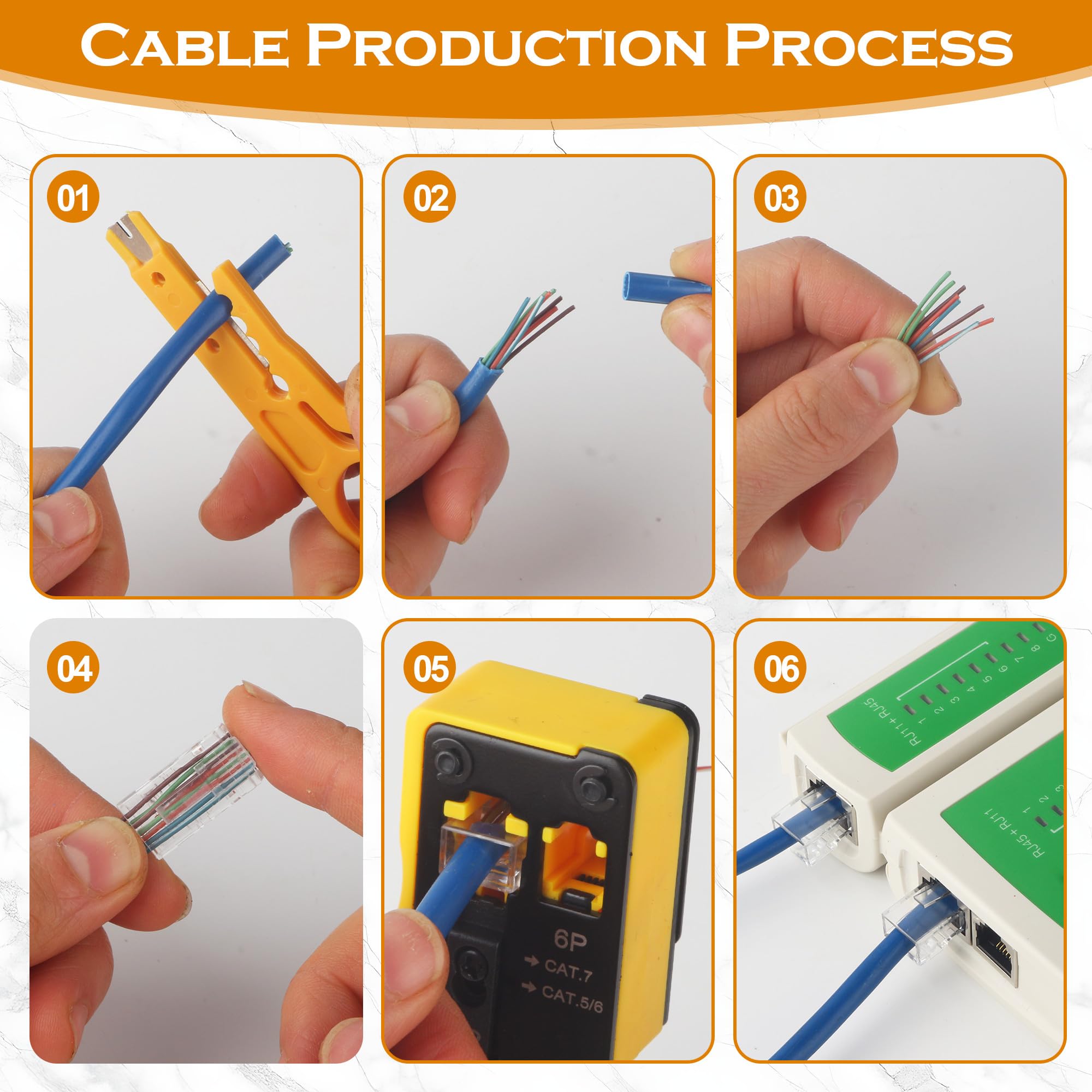 Kit d'outils réseau, connecteurs RJ45 traversants pour câbles Cat5, Cat6 et Cat7 avec 50 connecteurs Cat6, connecteurs Cat7, outil de sertissage, kit de réparation réseau RJ45/RJ11/RJ12