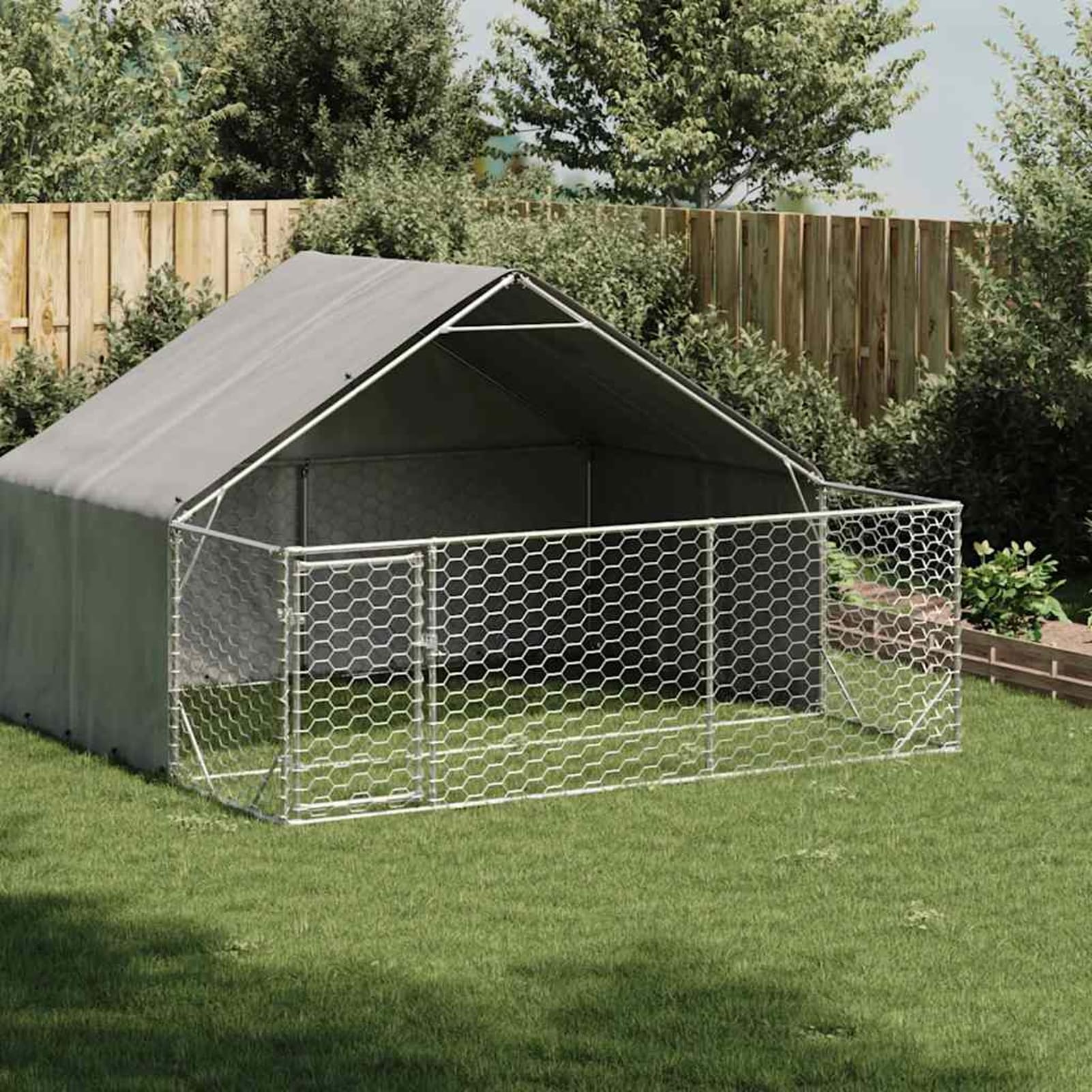 Homgoday Recinto per cani da esterno in acciaio zincato con area coperta e corsa estesa, 3x3x1,9 m, con porta e serratura