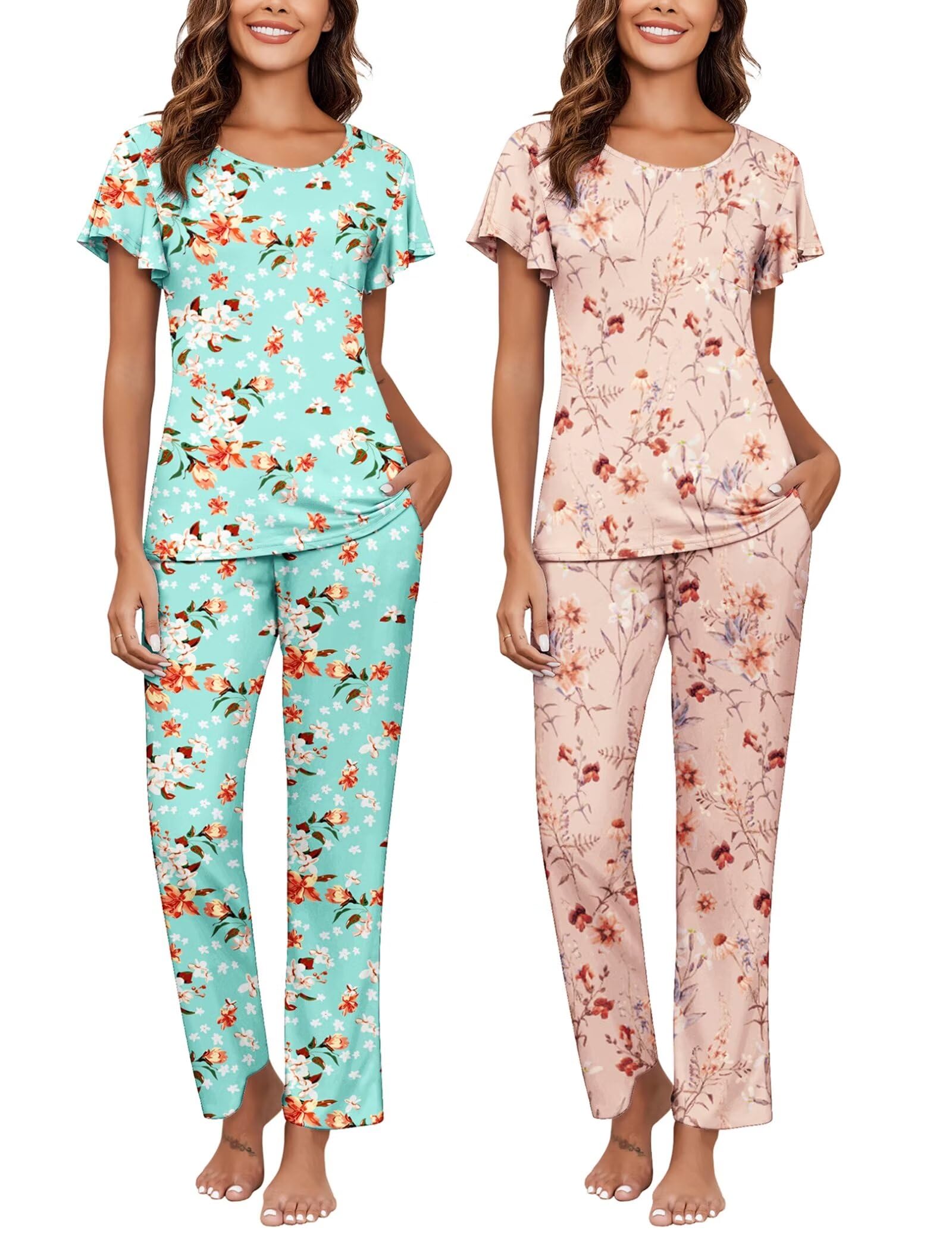 Ekouaer Pajamas for Women Set 2 Piece Comfy Loungewear, Lightweight Pjs Sleepwear, Short Sleeve Top &amp; Long Pants with Pockets