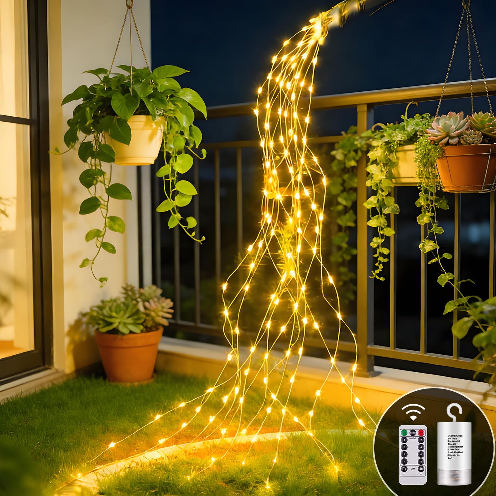 Dekofun Lichterschweif 2M 200 LED Lichterbündel mit Batterie, Fernbedienung, Timer, 8 Modi Wasserfall Lichterkette Wasserdicht Lichterstrang für Gießkanne Zimmer Wand Außen Innen Deko - Warmweiß