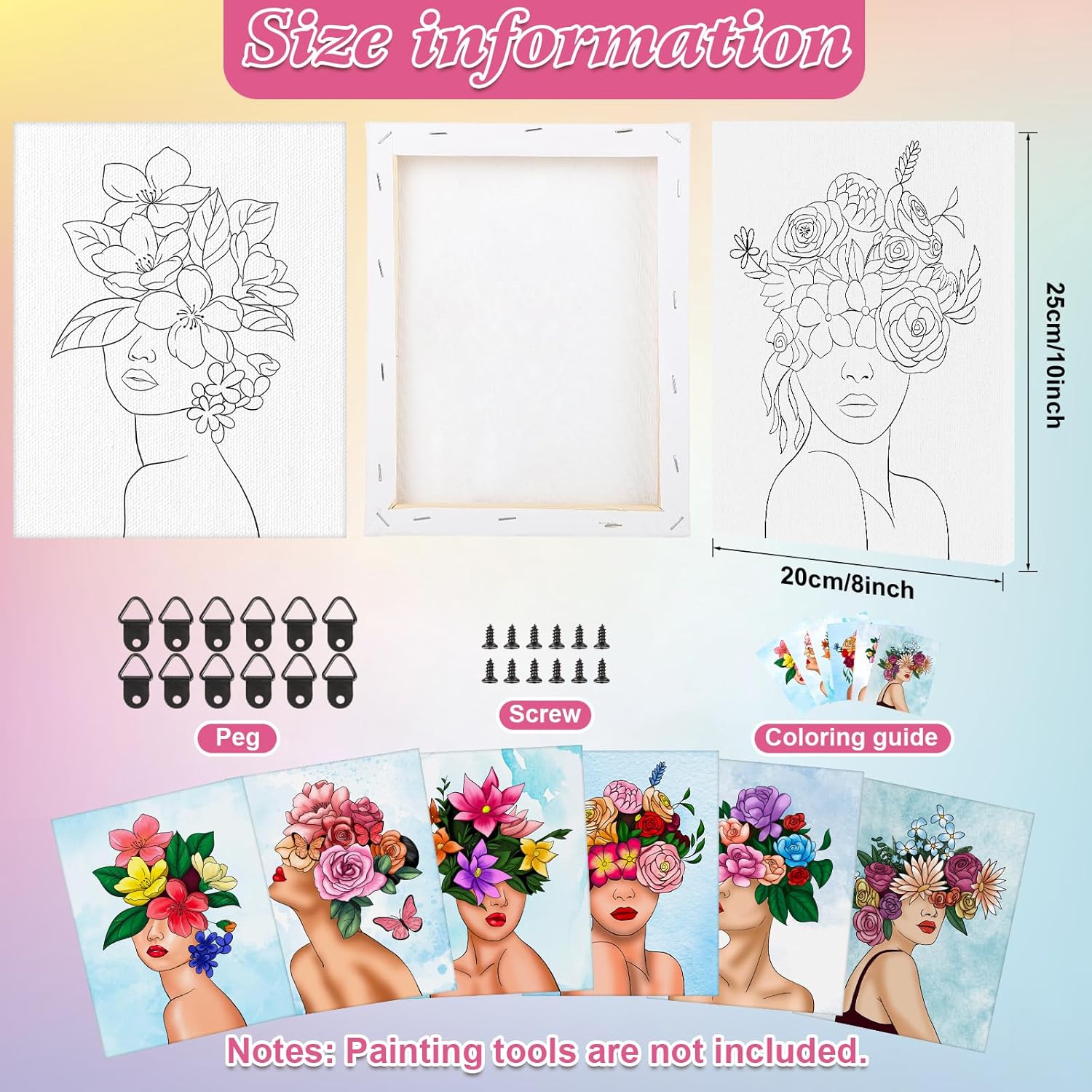 COCHIE 6 Pack 8x10 Inches Flower Girls Pre Drawn Canvas to Paint for Sip and Paint Party, Pre Printed Framed Canvases Set, Floral Girl Pre Sketched Canvas for Painting for Adults Kids
