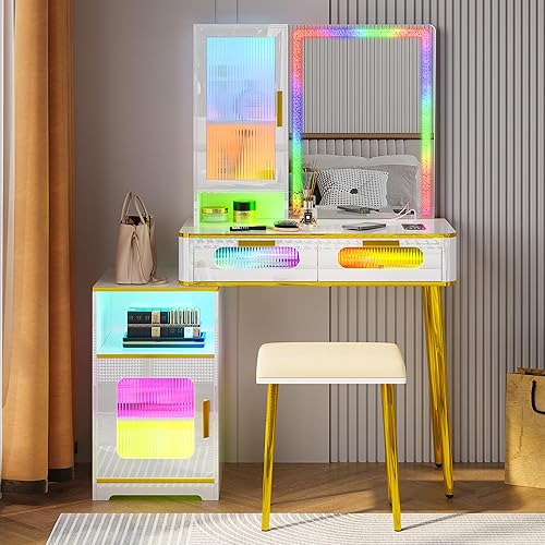 Miniatura 7 de Escritorio de tocador LED RGB con luces y espejo, mesa de tocador de maquillaje con estación de carga, juego de tocador de 7 dinámicos y 24