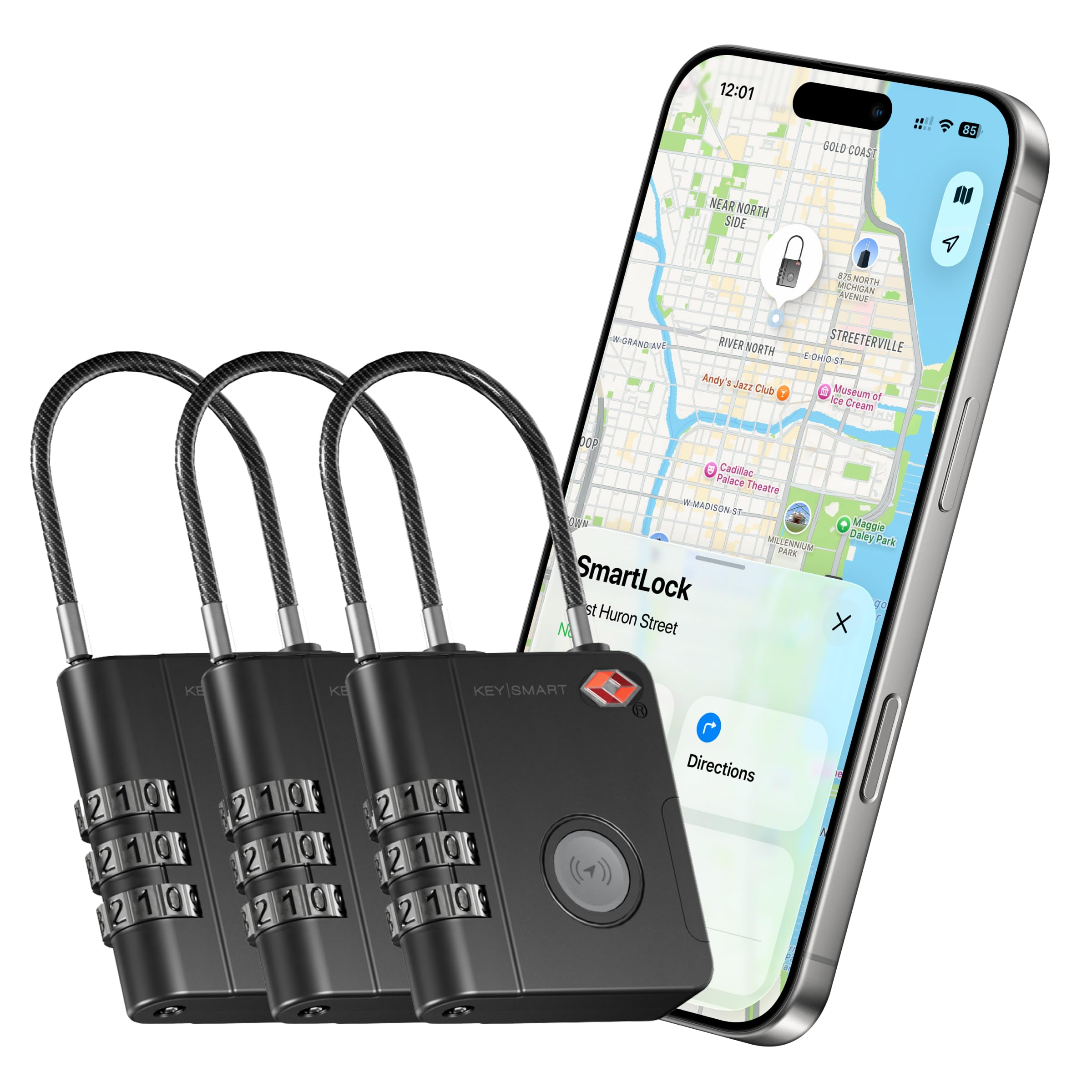 KeySmart SmartLock – Candado inteligente con rastreador, aprobado por la TSA, compatible con Apple Find My, GPS Bluetooth, batería reemplazable no recargable (Pack de 3)