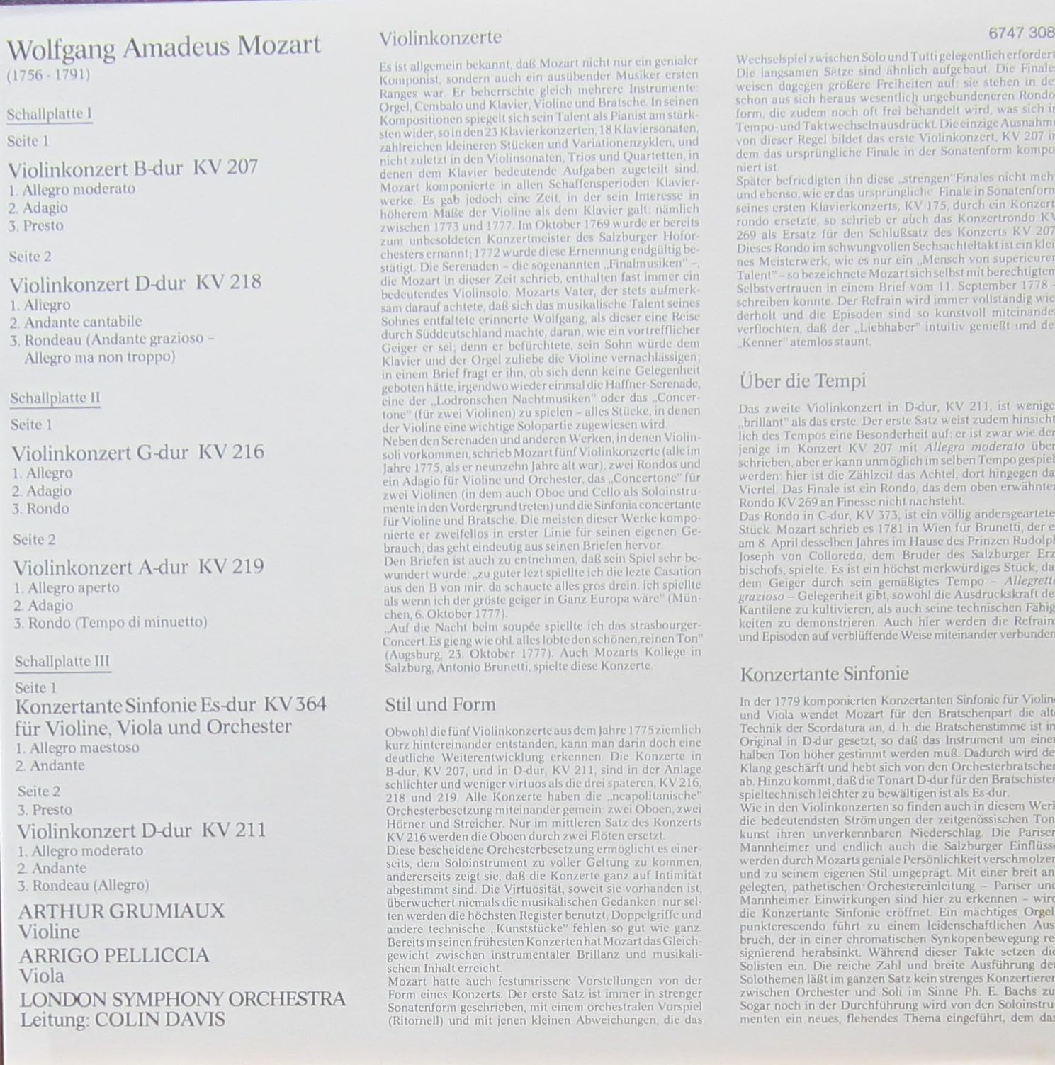 5 Violinkonzerte + Sinfonia concertante KV 364 / 6747 308