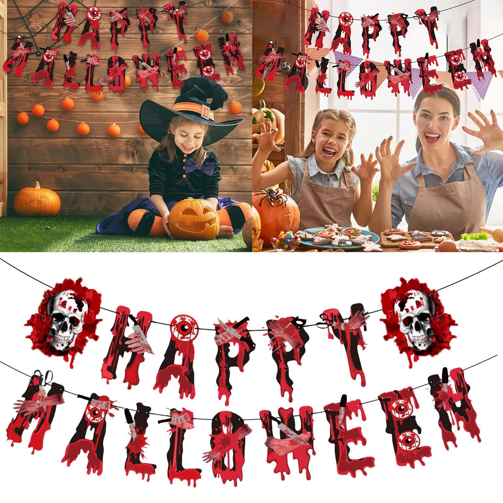 Kit Décoration Halloween 18 Pièces - Bannière, Ballons, Guirlandes, Fantômes, Réutilisable - 12