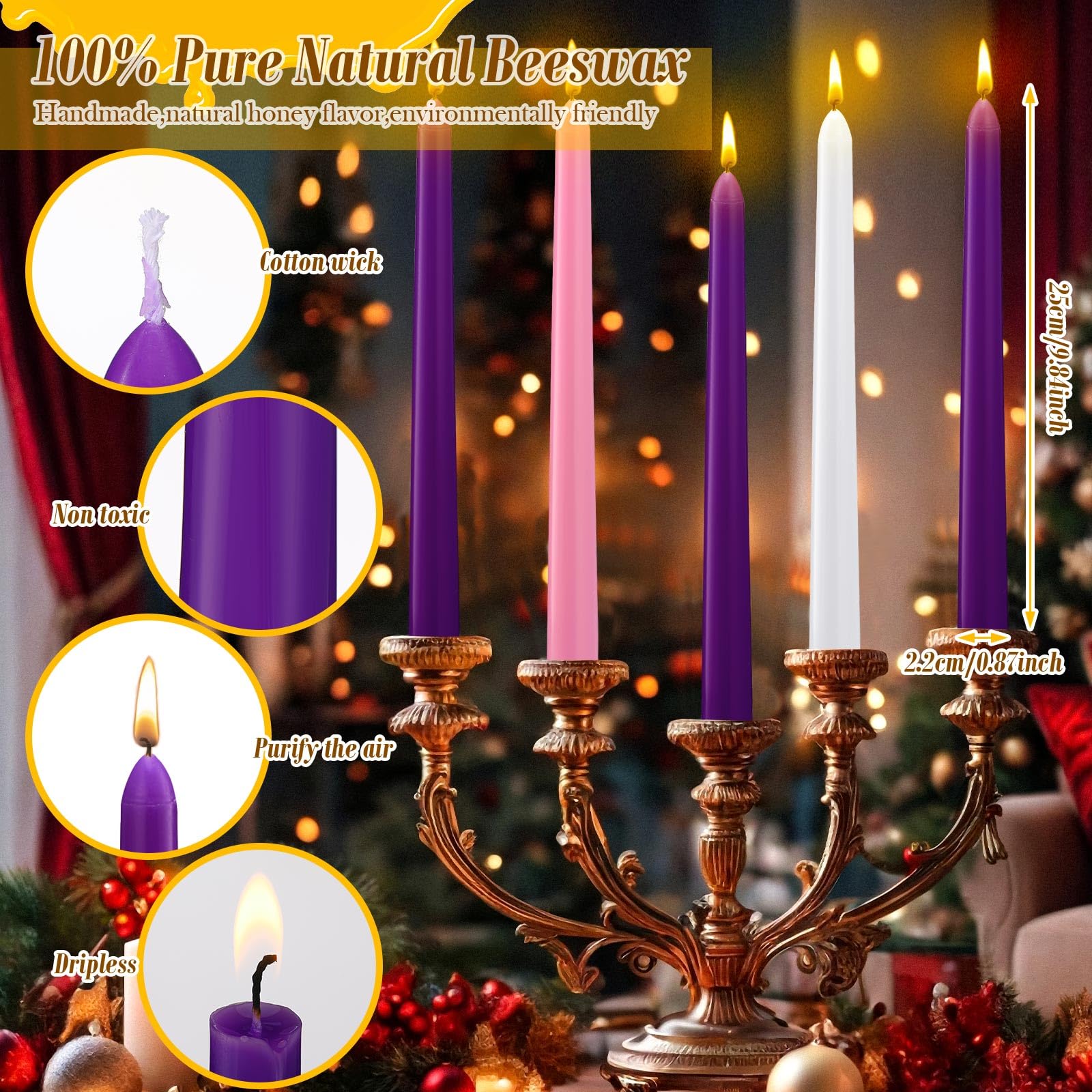 Nuanchu 10 candele in cera d'api per l'avvento in cera d'api naturale, 25,4 cm x 2,22 cm, decorazione da tavolo per l'avvento, fatte a mano, senza fumo, non profumate, per Natale, vacanze