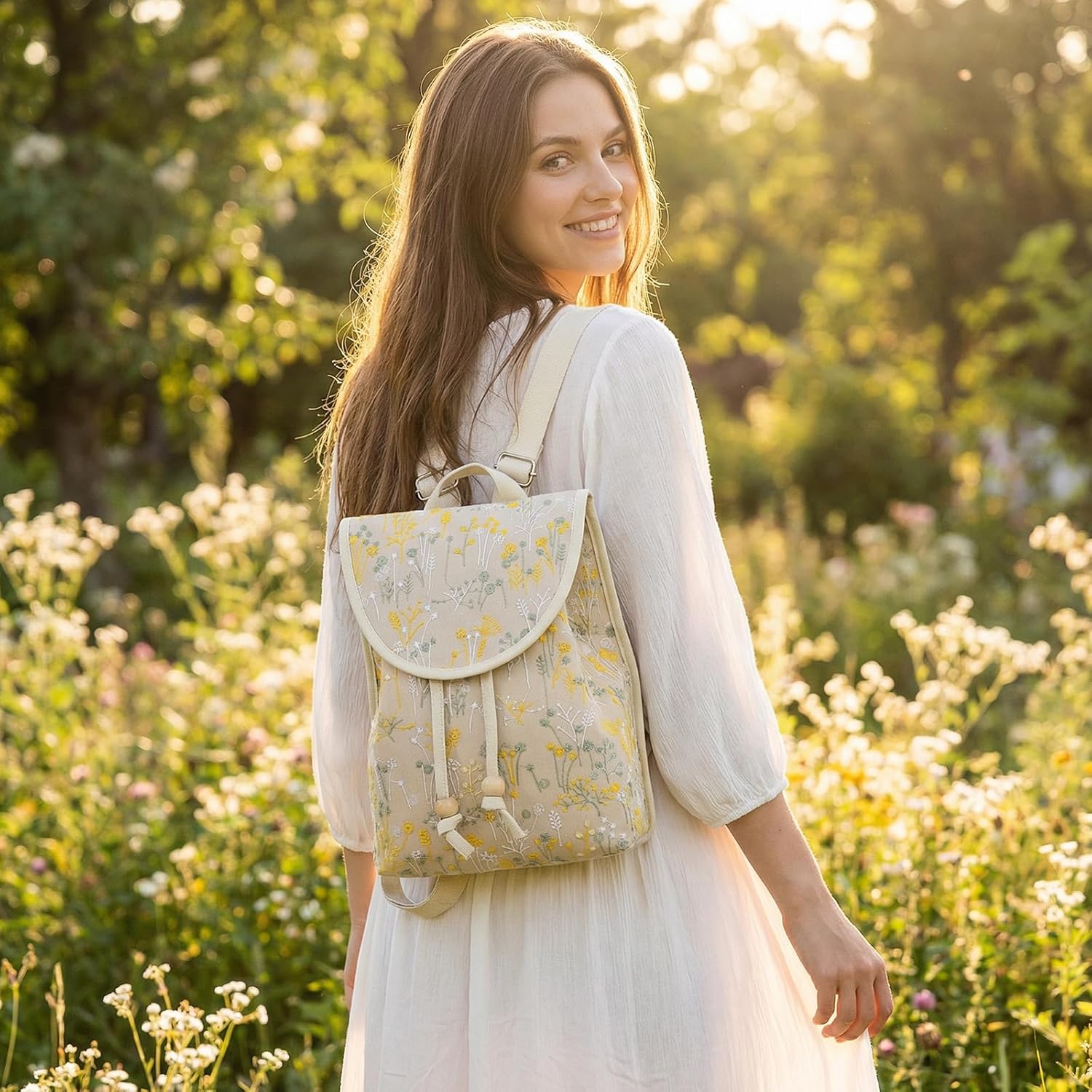 Goodhan Vintage Embroidered Backpack Purses for Women - Boho Shoulder Bag for Travel,Ethnic Floral Mini Back Pack,Lightweight Handbags for Daily Use (Beige) - Image 2