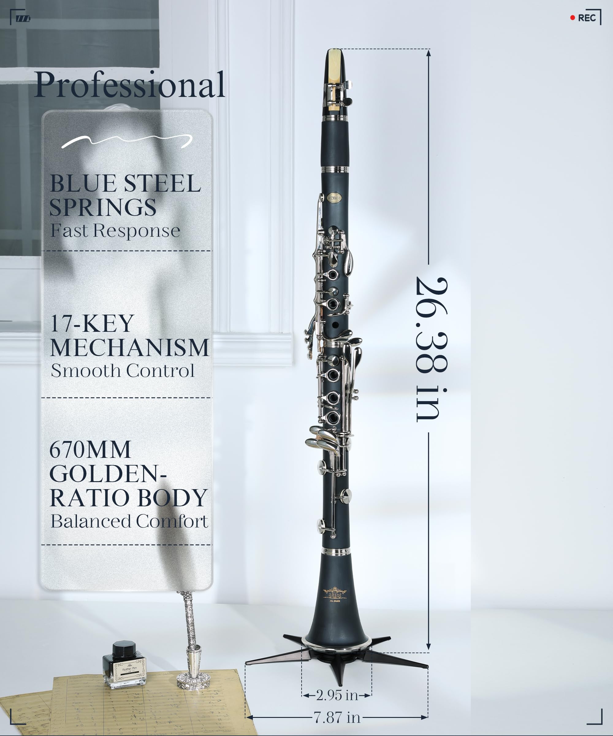 AKLOT B Flat Concert Clarinet: Precision Tone Hole Design for Stable Intonation, Durable Nickel-Plated Keys, Including Stylish Case, Barrel, Full Clarinet Cleaning Kit (Ember-MN)