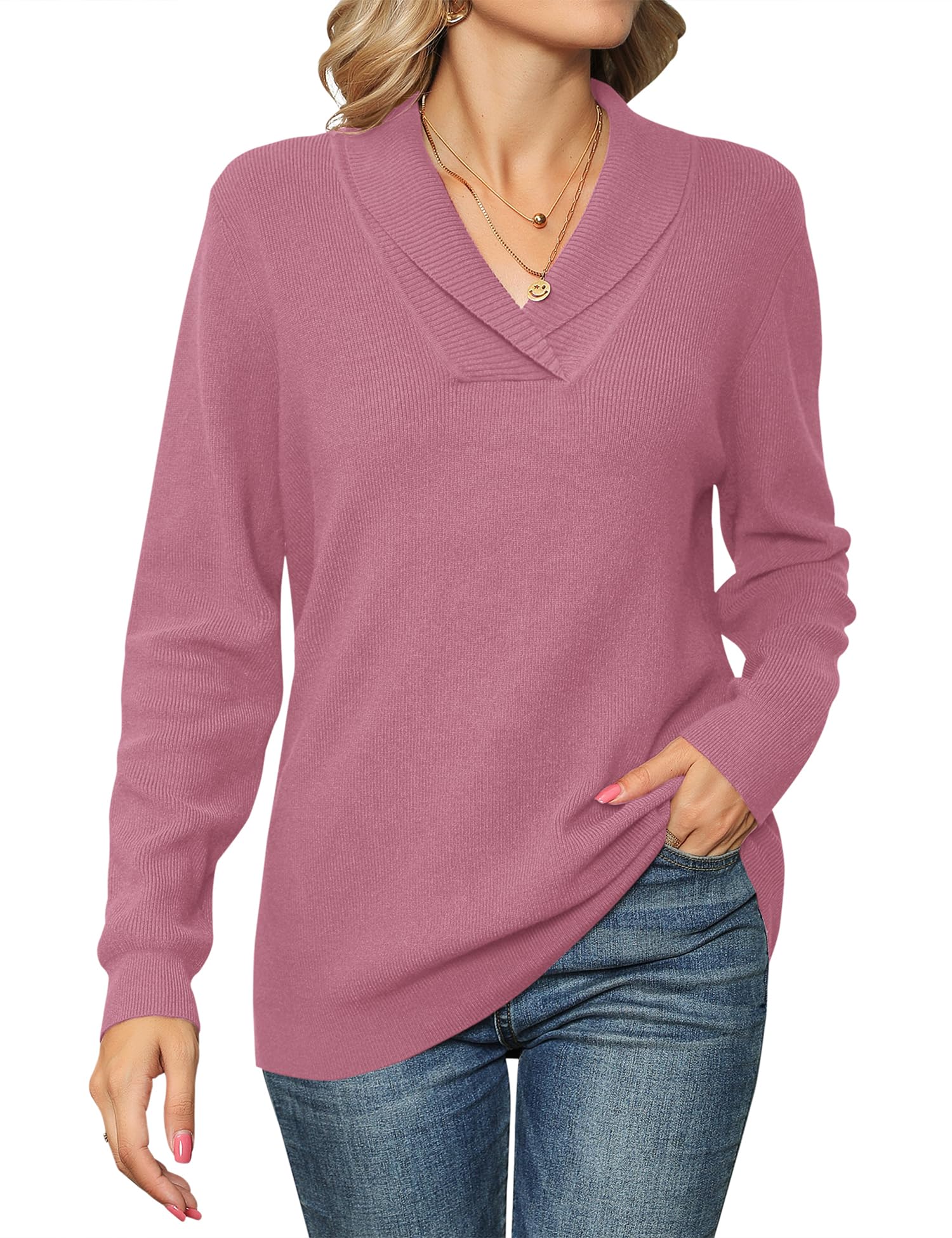 Ivicoer Women Long Sleeve V Neck Pullover Collar Knitted Sweaters