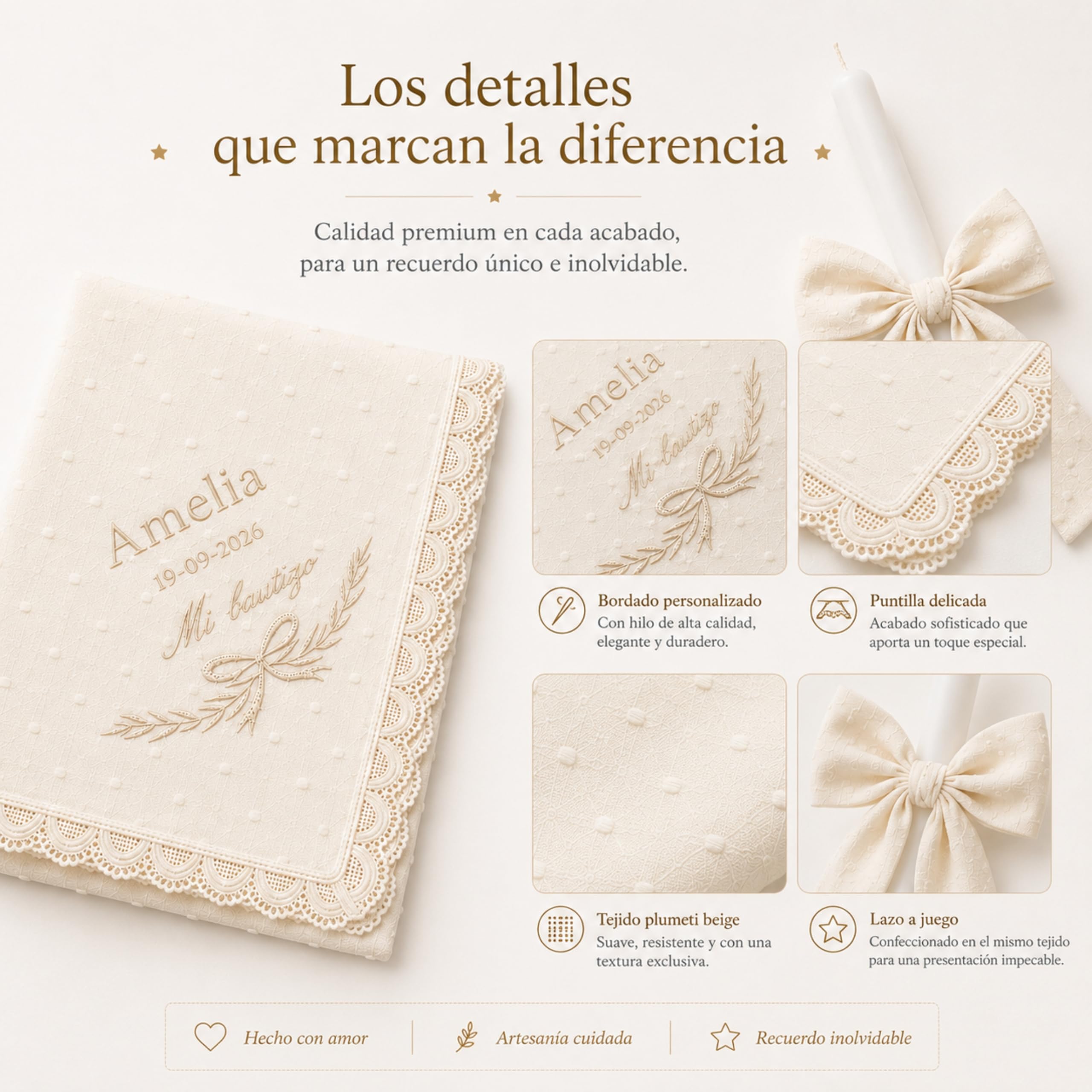 Nenel | Kit de Bautizo Personalizado con Vela y Paño Bordado Plumeti Beige – Regalo Recuerdo Original Bautismo – Cirio Bautismal con Lazo y Toalla con Nombre y Fecha