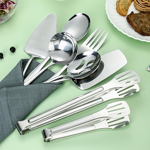 Miniatura 3 de Utensilios grandes para servir, juego de 8 piezas de acero inoxidable, incluye cucharas de servir, tenedor de servir, cucharón de sopa, pinzas para